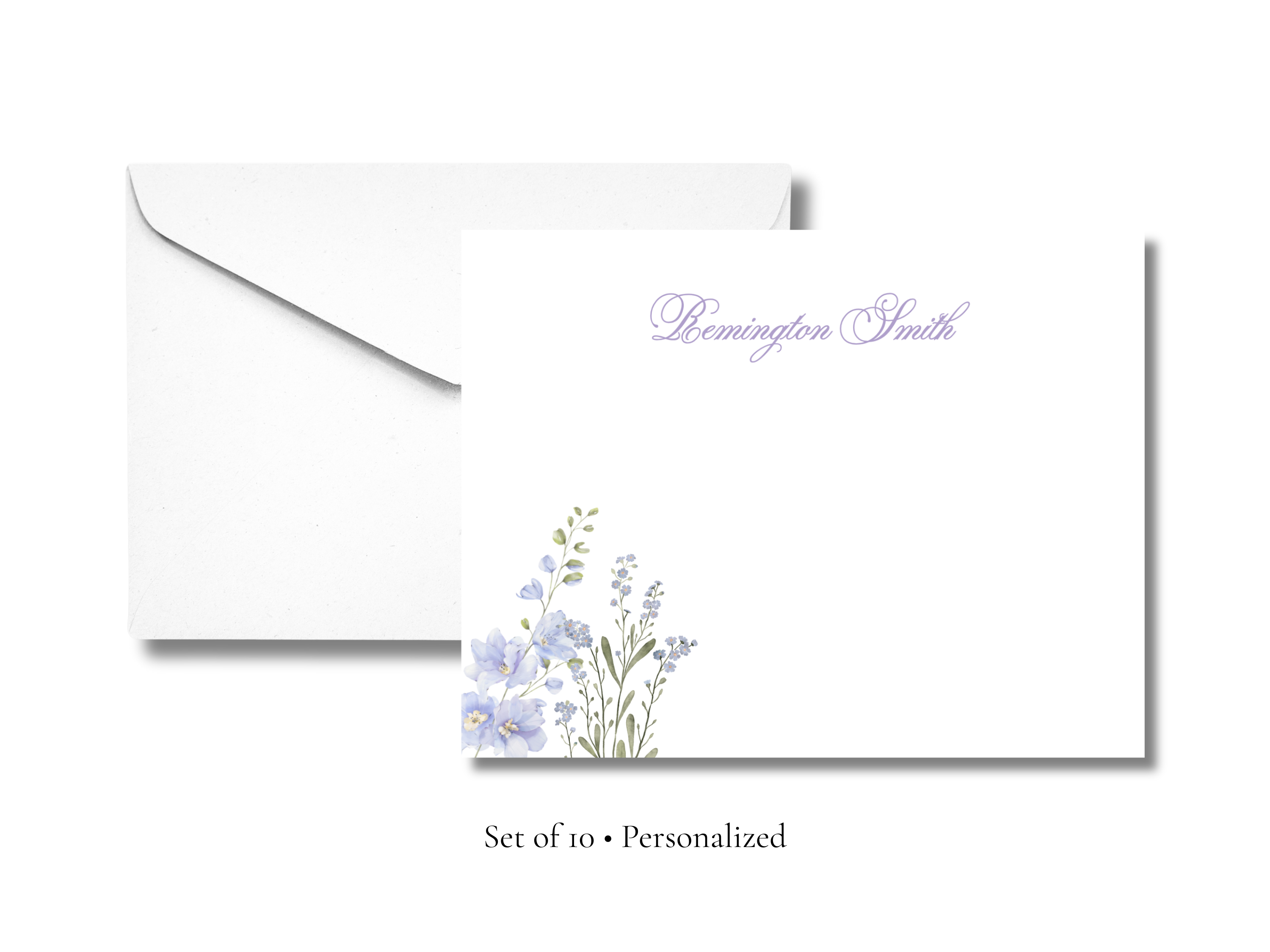 Personalized Floral Stationery | Elegant Flat Notecards with Envelopes | Custom Name Stationery Set | Set of 10