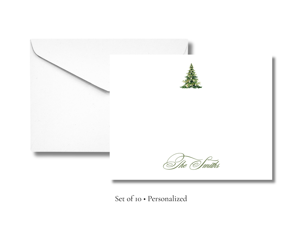 Personalized Christmas Tree Stationery Set | Custom Family Name Flat Note Cards with Envelopes | Holiday Notecards (A2)