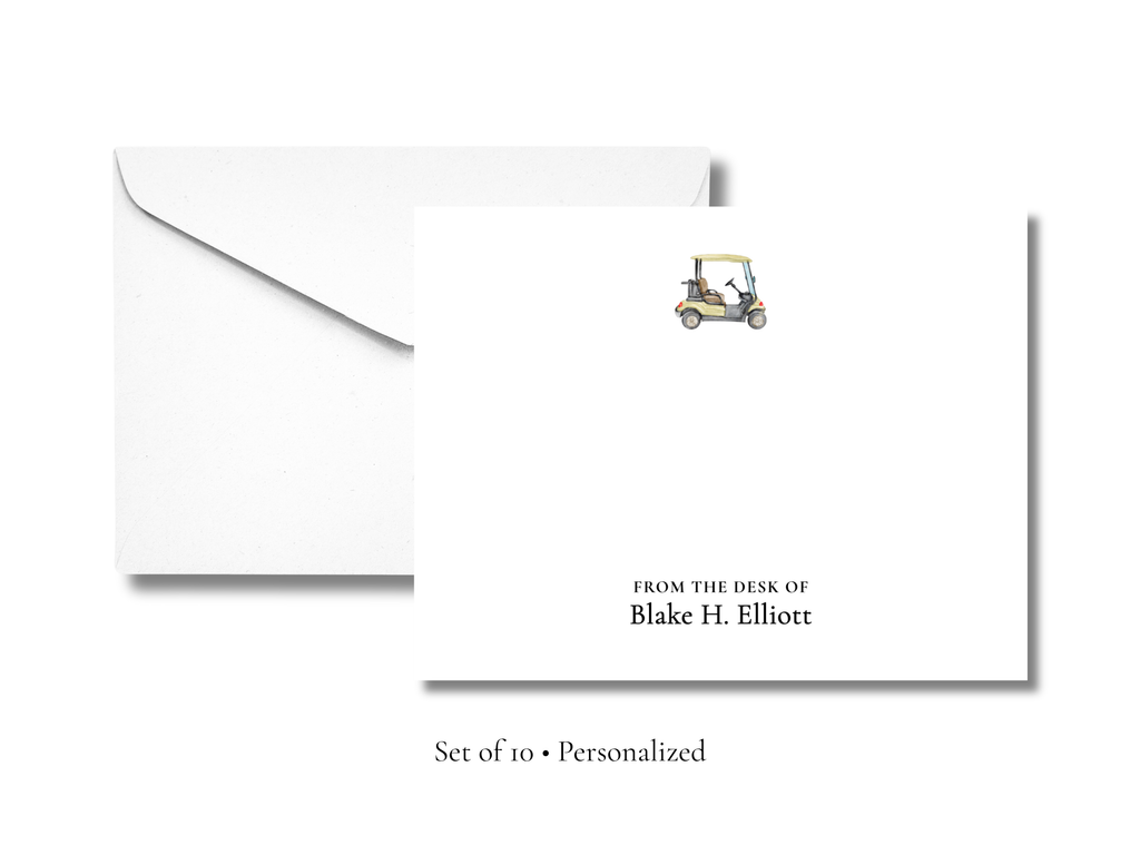 Personalized Golf Cart Stationery | “From the Desk Of” Notecards | Custom Name Flat A2 Cards with Envelopes | Stationery Set of 10