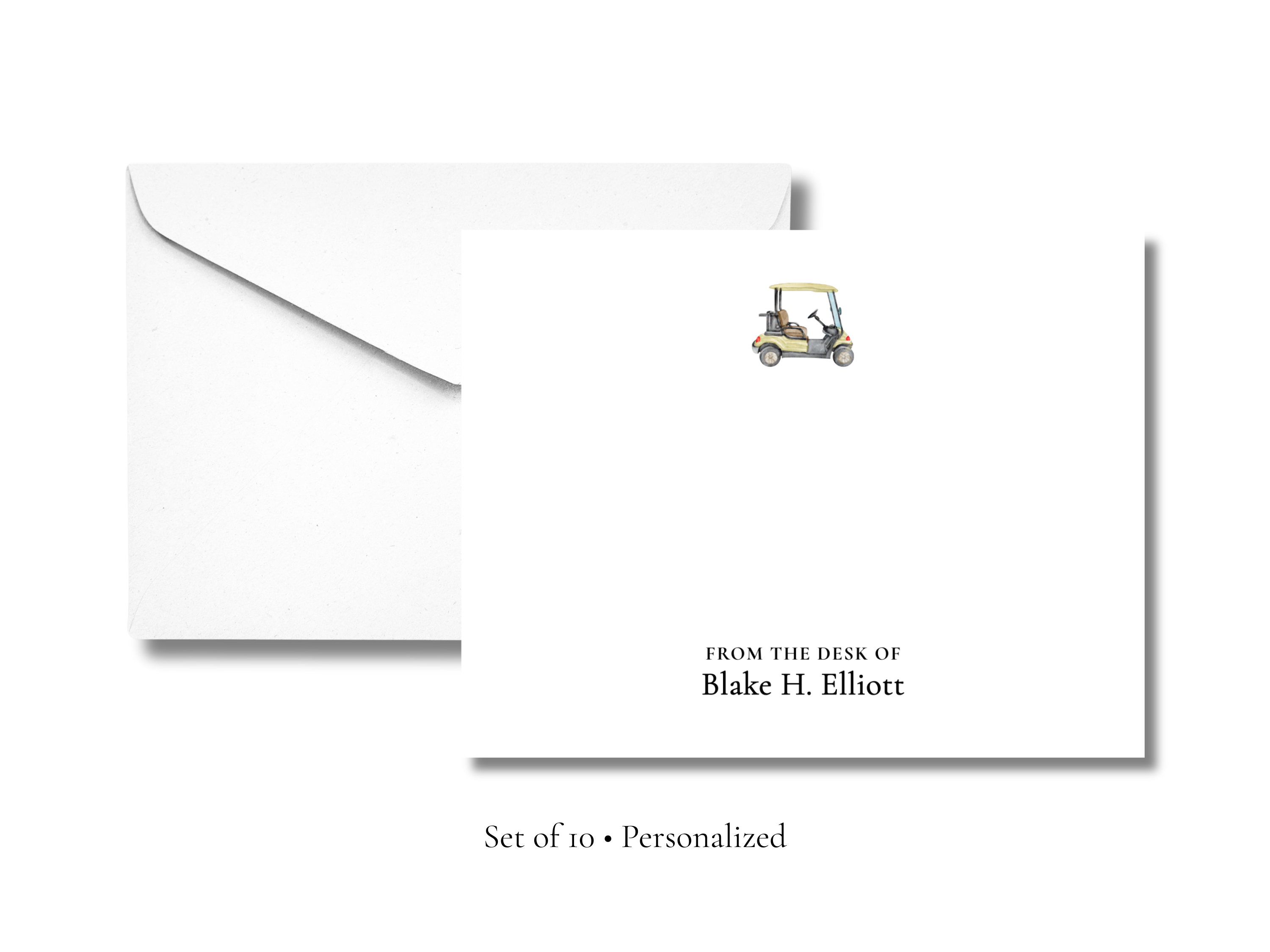 Personalized Golf Cart Stationery | “From the Desk Of” Notecards | Custom Name Flat A2 Cards with Envelopes | Stationery Set of 10