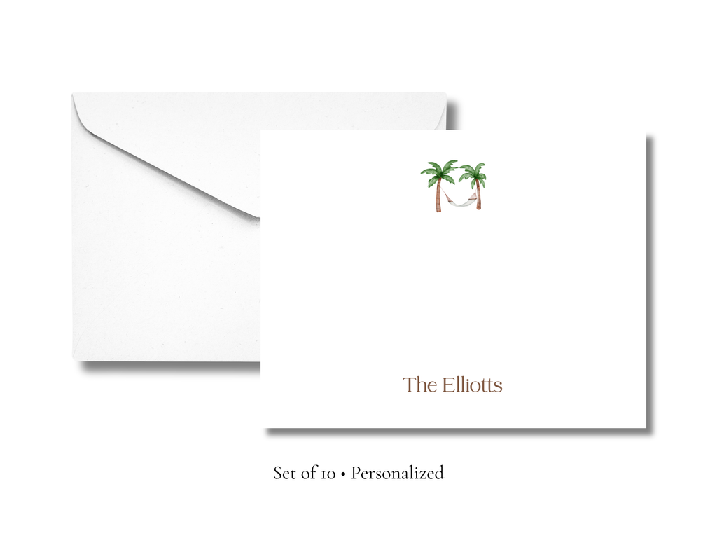 Personalized Palm Tree Stationery | Tropical Flat Notecards with Envelopes | Custom Name Note Cards | Summer Stationery Set | Set of 10