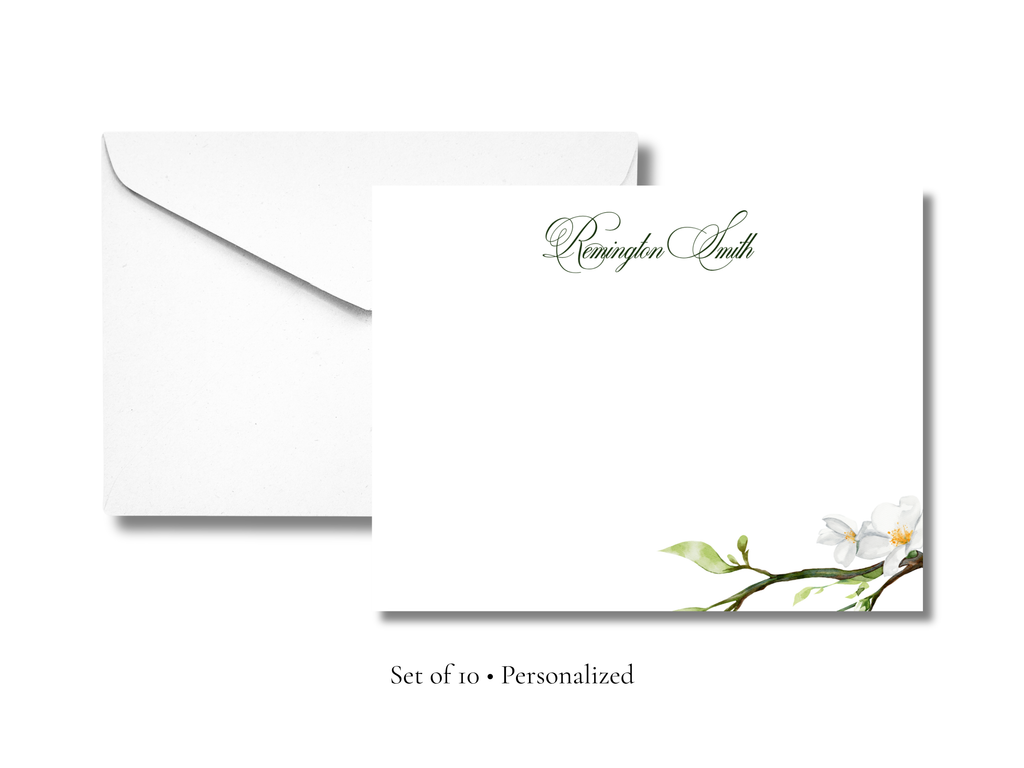 Personalized Magnolia Stationery | Elegant Floral Flat Notecards with Envelopes | Custom Name Stationery Set | Set of 10