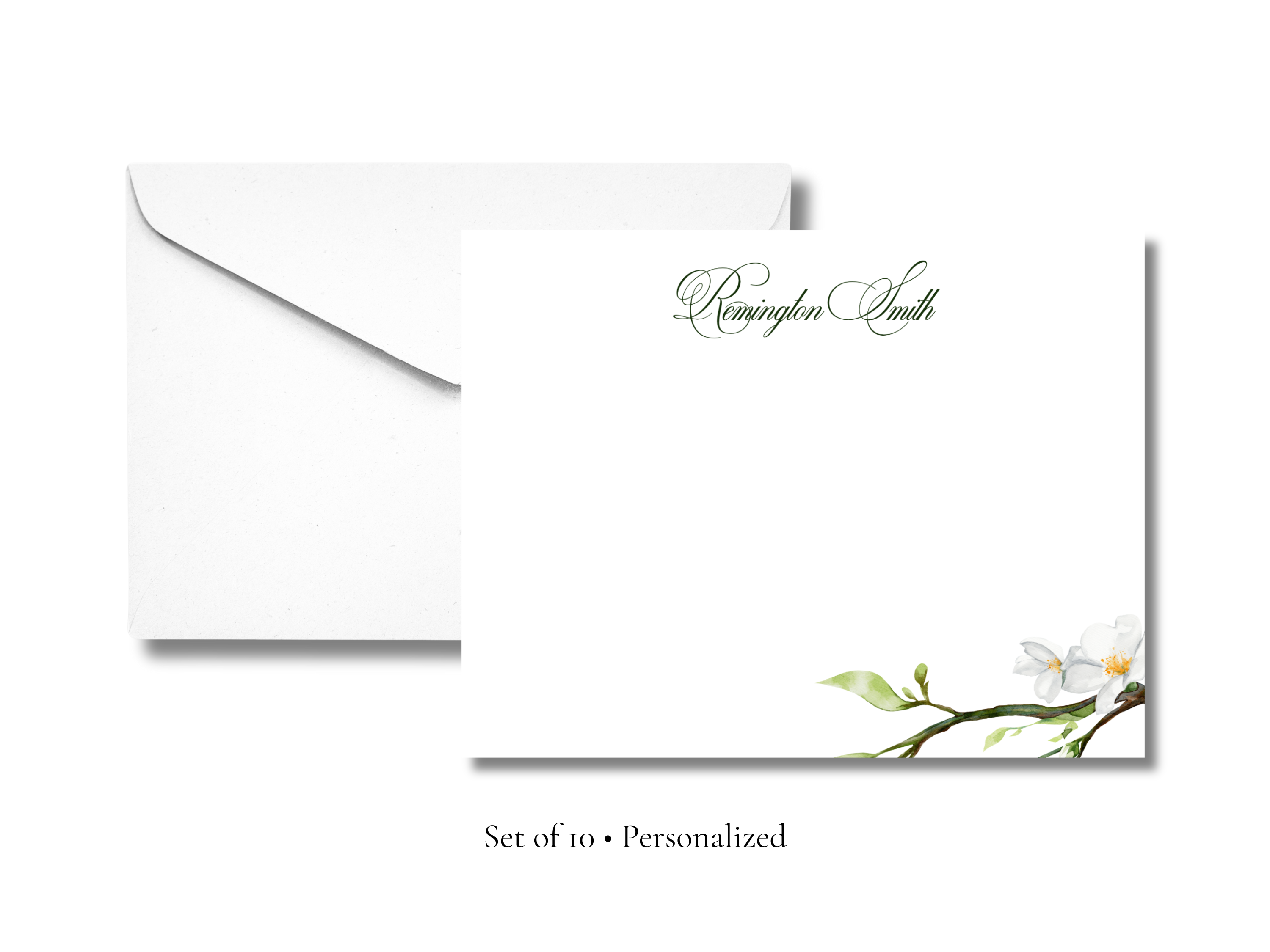 Personalized Magnolia Stationery | Elegant Floral Flat Notecards with Envelopes | Custom Name Stationery Set | Set of 10