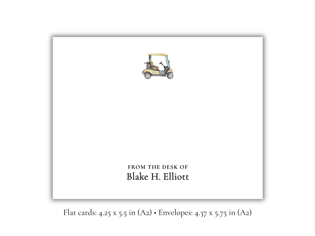 Personalized Golf Cart Stationery | “From the Desk Of” Notecards | Custom Name Flat A2 Cards with Envelopes | Stationery Set of 10