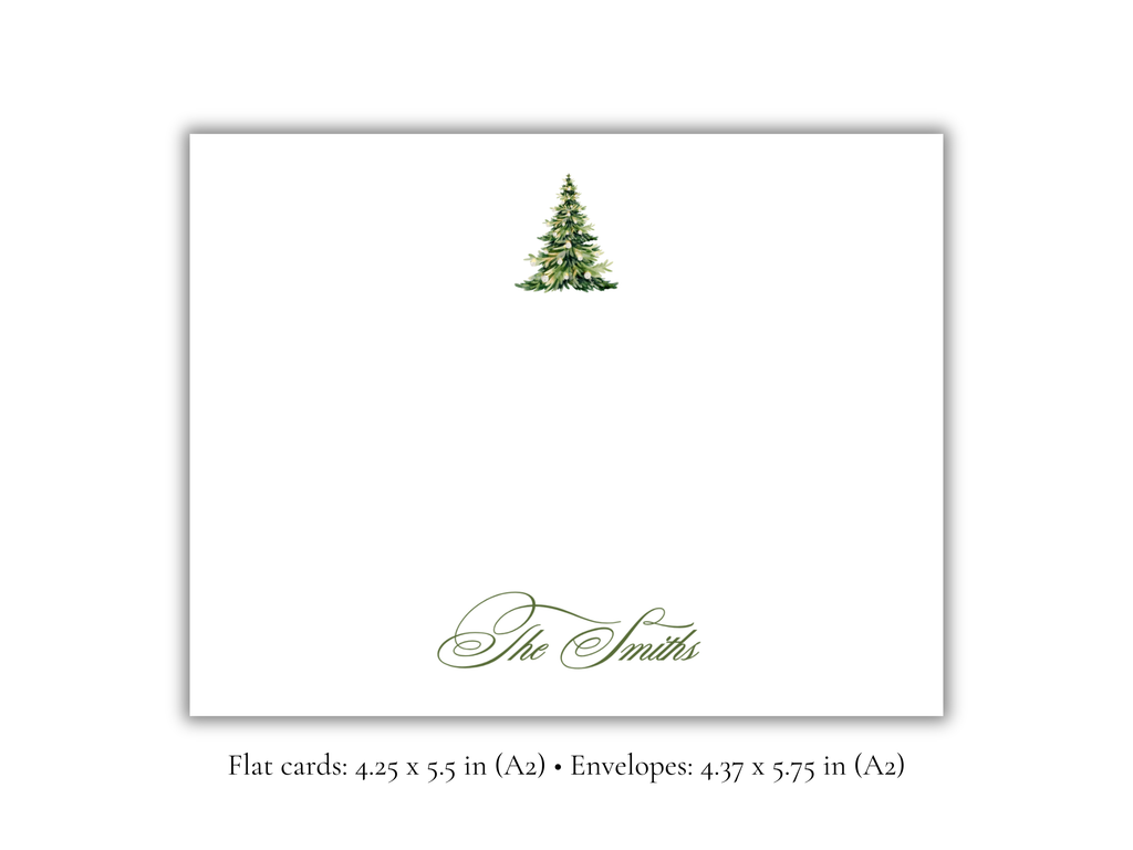 Personalized Christmas Tree Stationery Set | Custom Family Name Flat Note Cards with Envelopes | Holiday Notecards (A2)