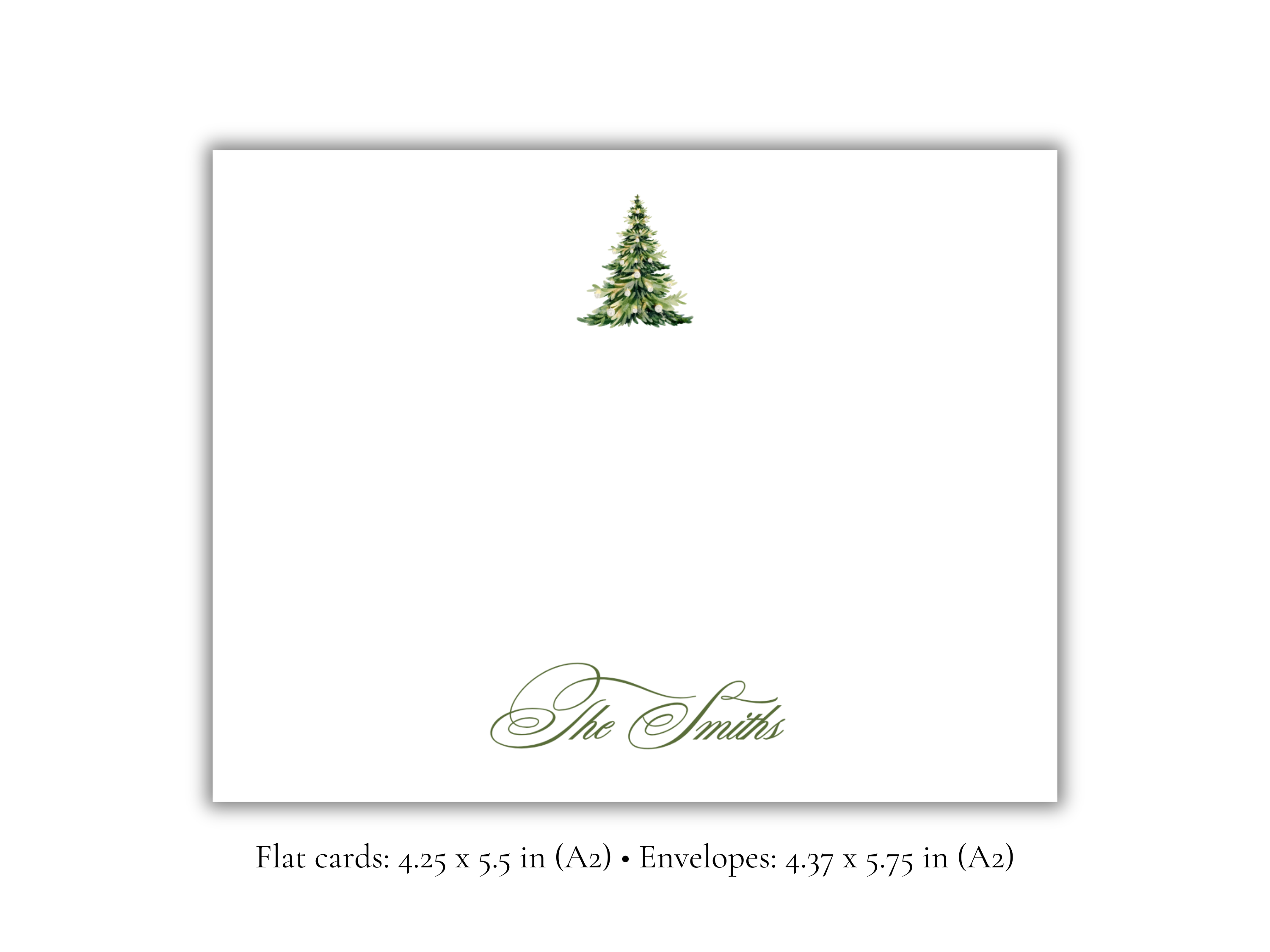 Personalized Christmas Tree Stationery Set | Custom Family Name Flat Note Cards with Envelopes | Holiday Notecards (A2)