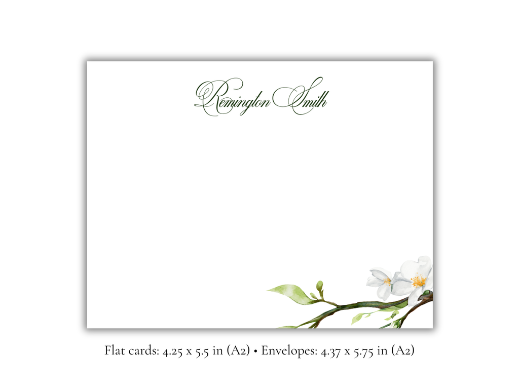 Personalized Magnolia Stationery | Elegant Floral Flat Notecards with Envelopes | Custom Name Stationery Set | Set of 10