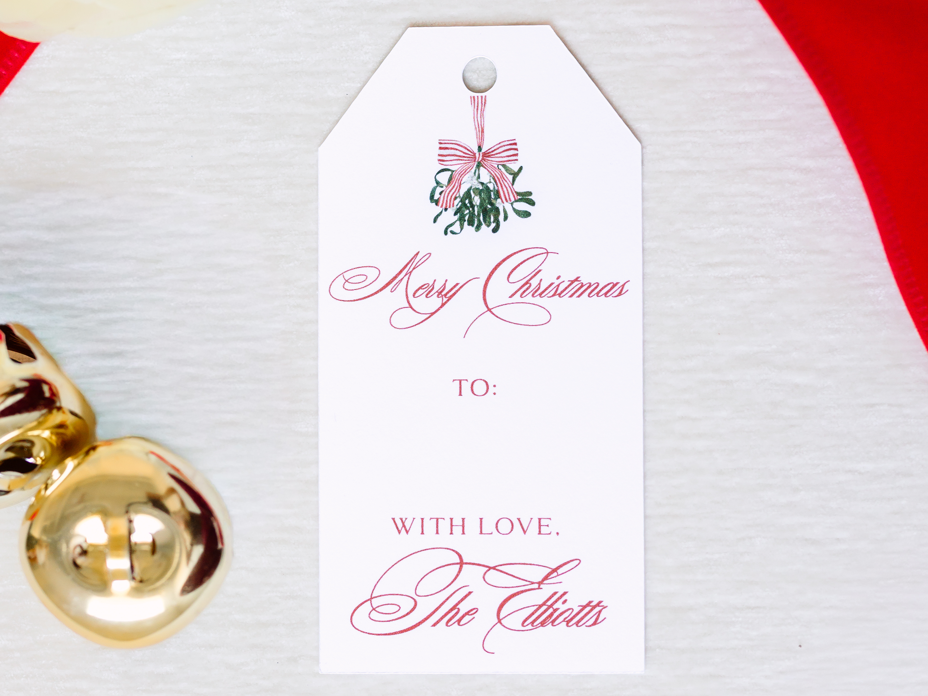 Personalized Merry Christmas Gift Tags | Custom Holiday Gift Tags | Set of 16 | Elegant Red & Green Christmas Mistletoe Tags with Twine