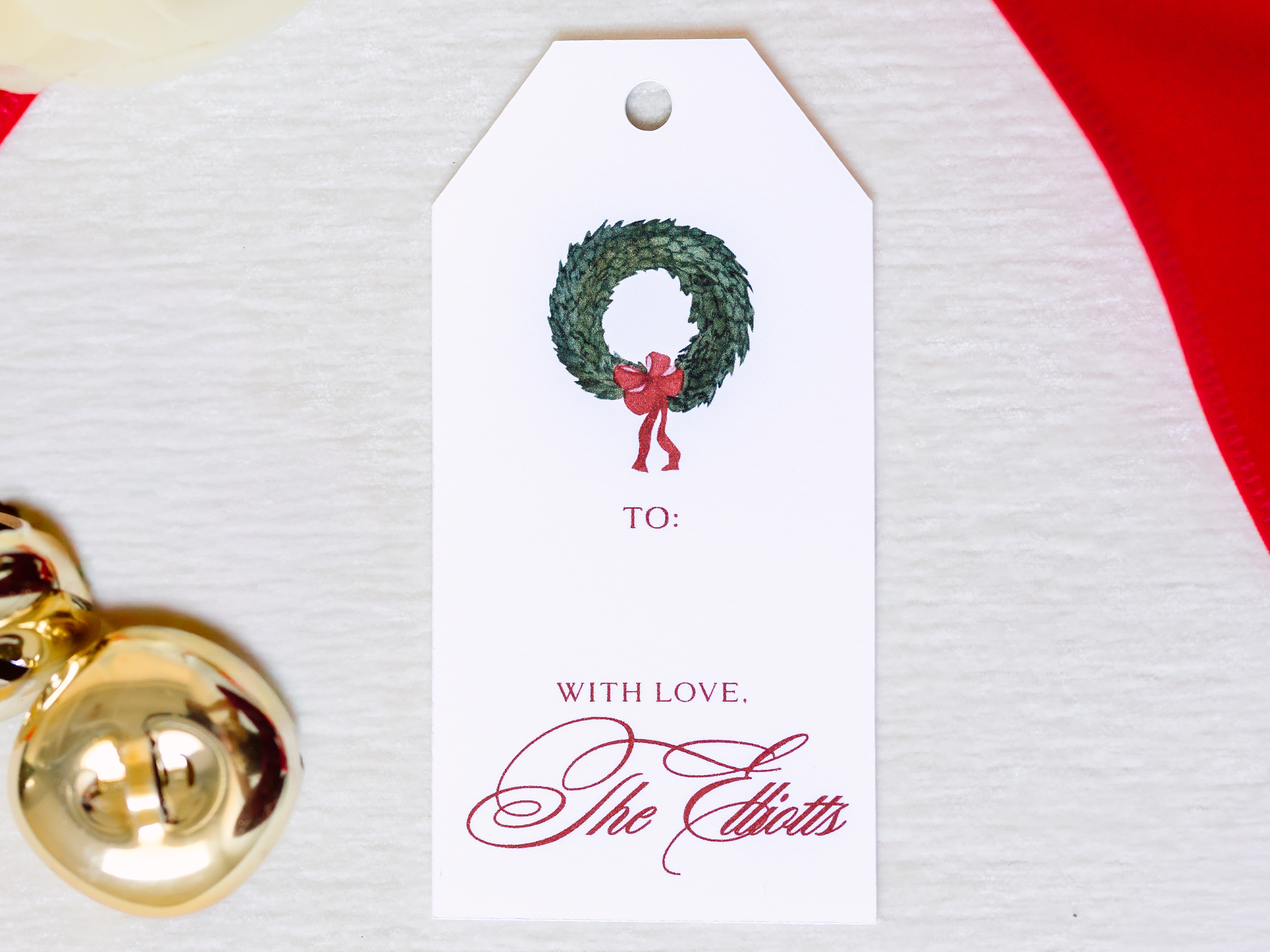 Personalized Christmas Wreath Gift Tags | Custom Holiday Gift Tags, Set of 16 | Elegant Red & Green Christmas Tags with Twine