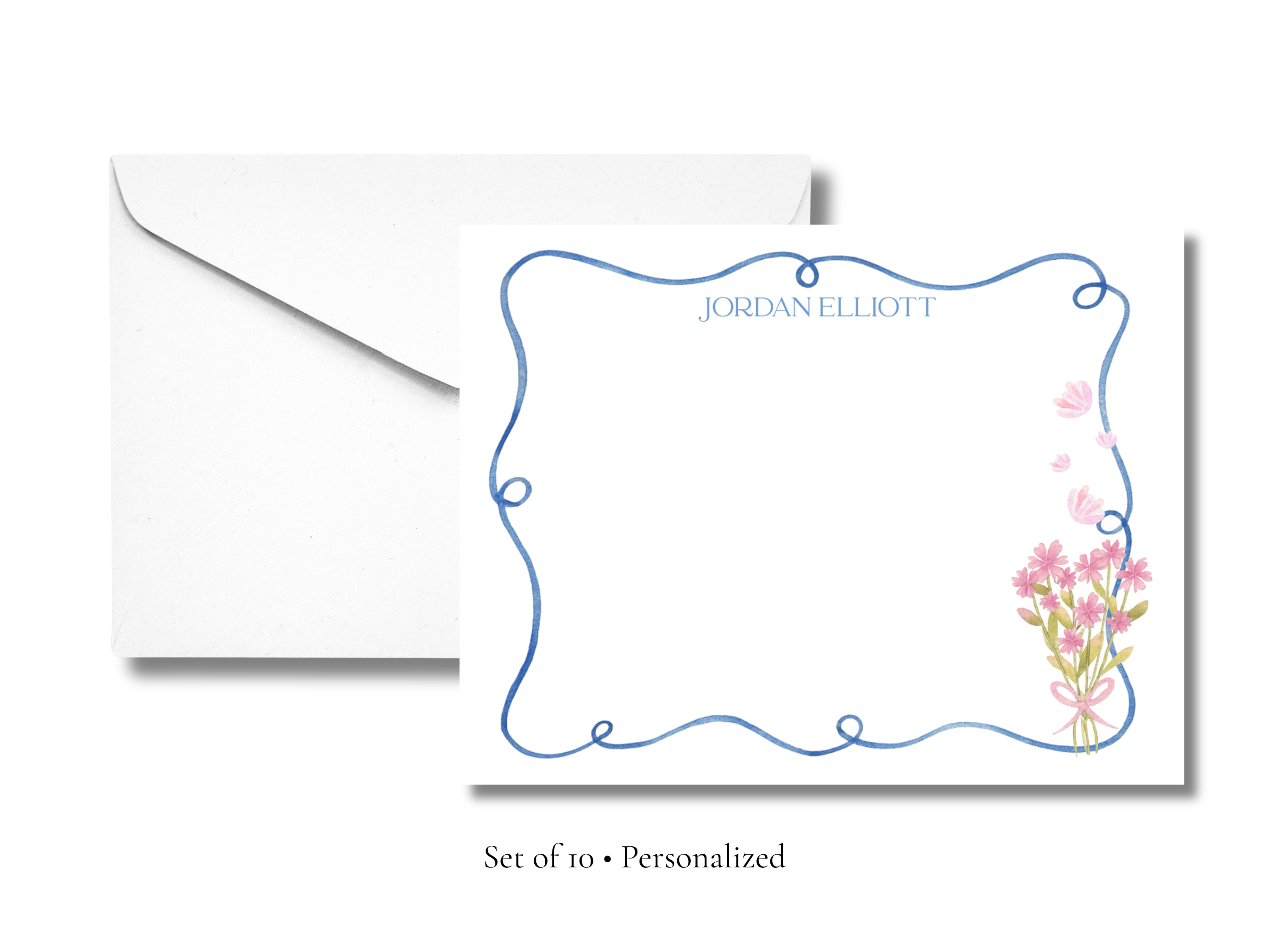 Personalized Stationery | Hand-Painted Watercolor Floral Border | Custom Name Notecards | Elegant Stationery Set | Set of 10