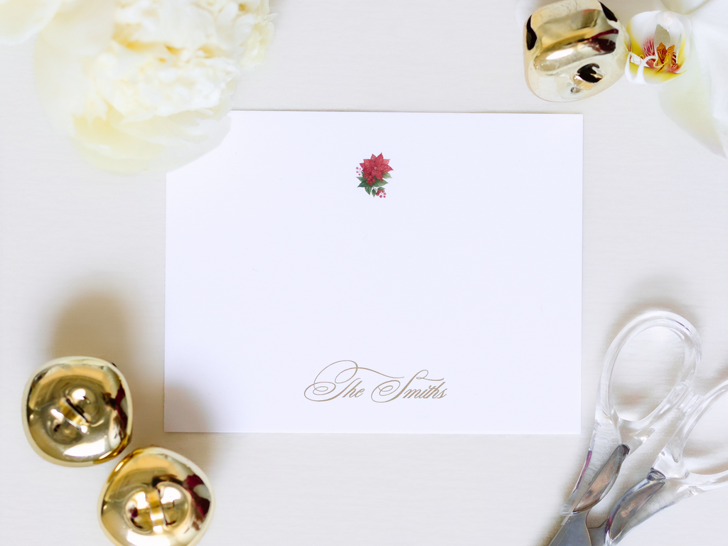 Personalized Poinsettia Christmas Stationery | Hand-Painted Holiday A2 Notecards with Envelopes | Red Floral Christmas Cards with Gold