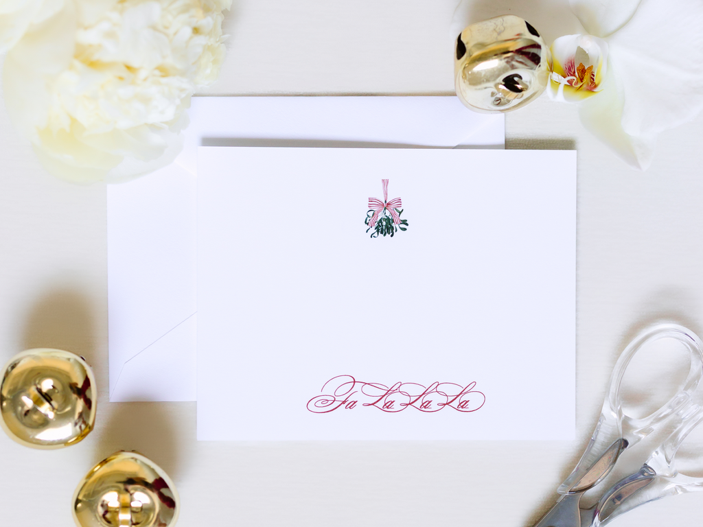 Personalized Fa La La Christmas Stationery | Elegant Holiday A2 Notecards with Envelopes | Red Script Christmas Cards with Mistletoe