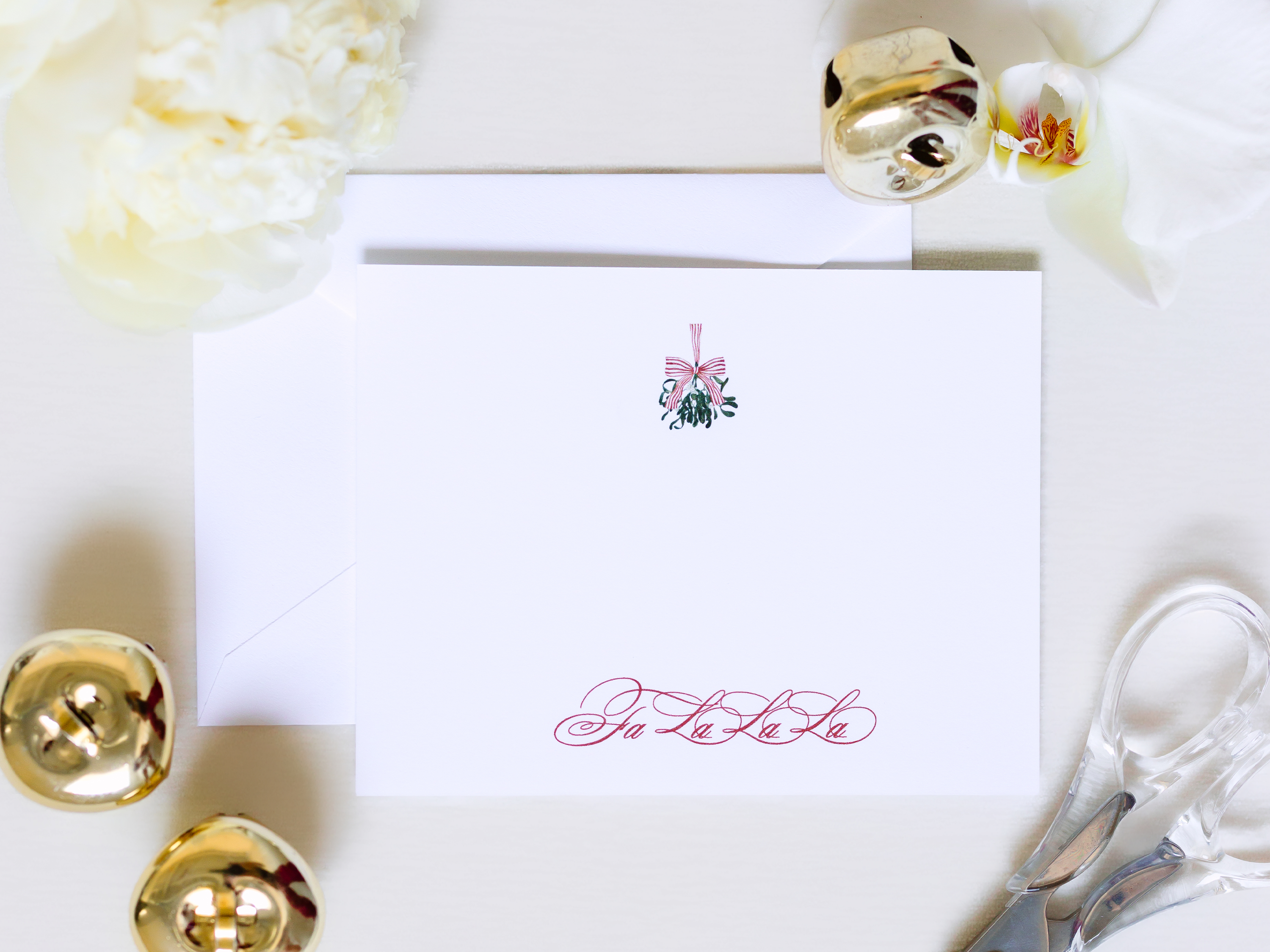 Personalized Fa La La Christmas Stationery | Elegant Holiday A2 Notecards with Envelopes | Red Script Christmas Cards with Mistletoe