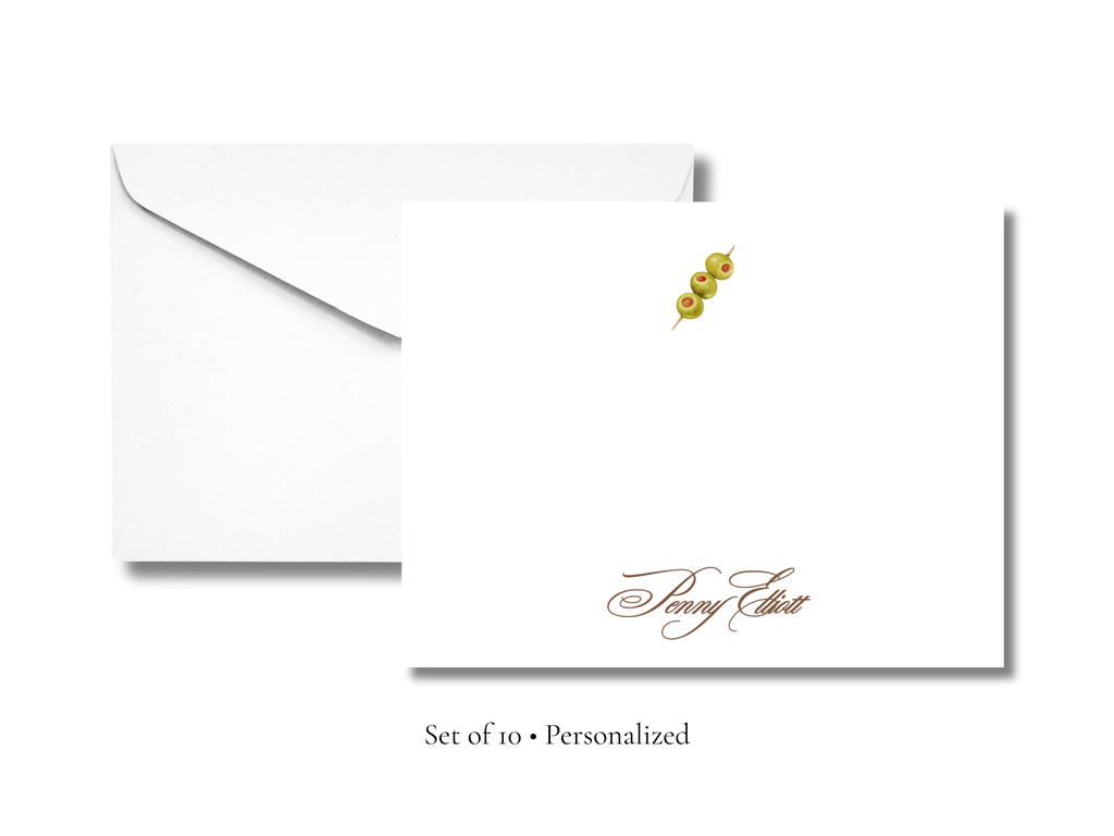 Personalized Martini Olive Stationery | Custom Cocktail A2 Notecards with Envelopes | Flat Note Cards | Hostess & Bar Cart Gift