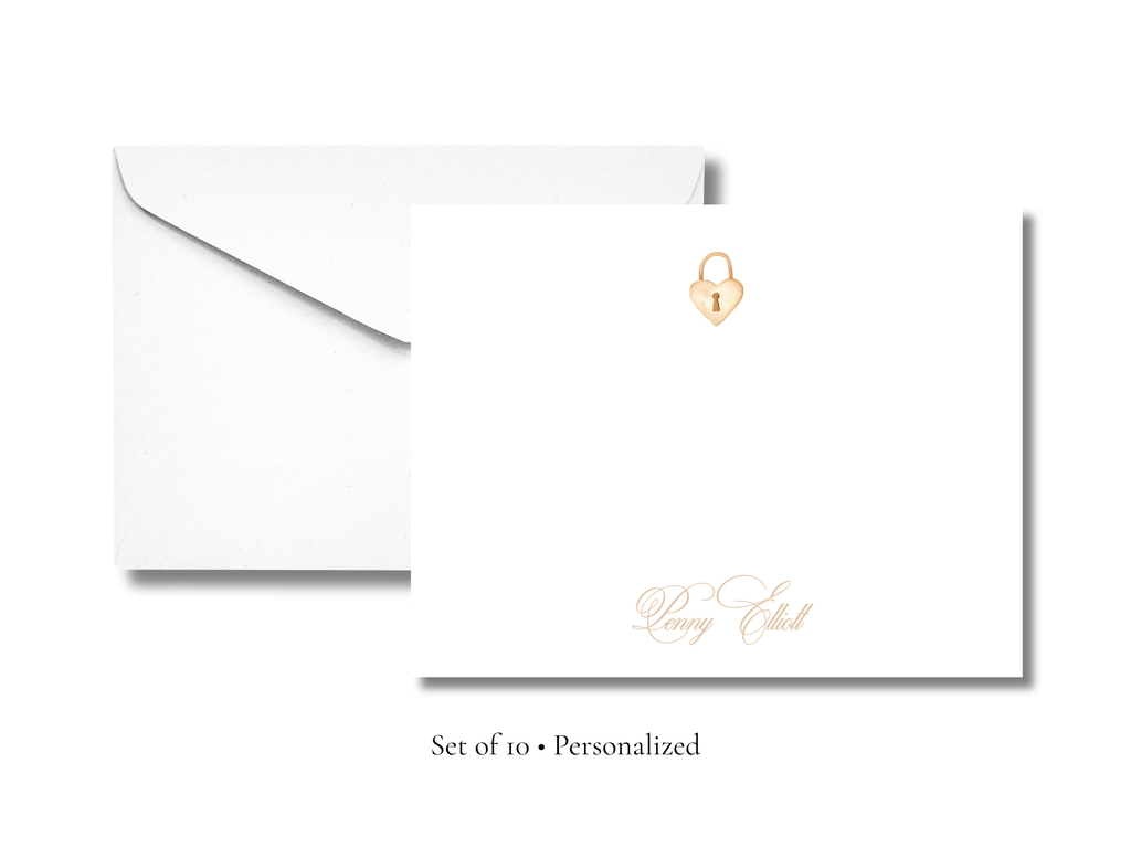 Personalized Heart Lock Stationery | Elegant A2 Notecards with Envelopes | Custom Name Flat Note Cards | Romantic Stationery Set of 10