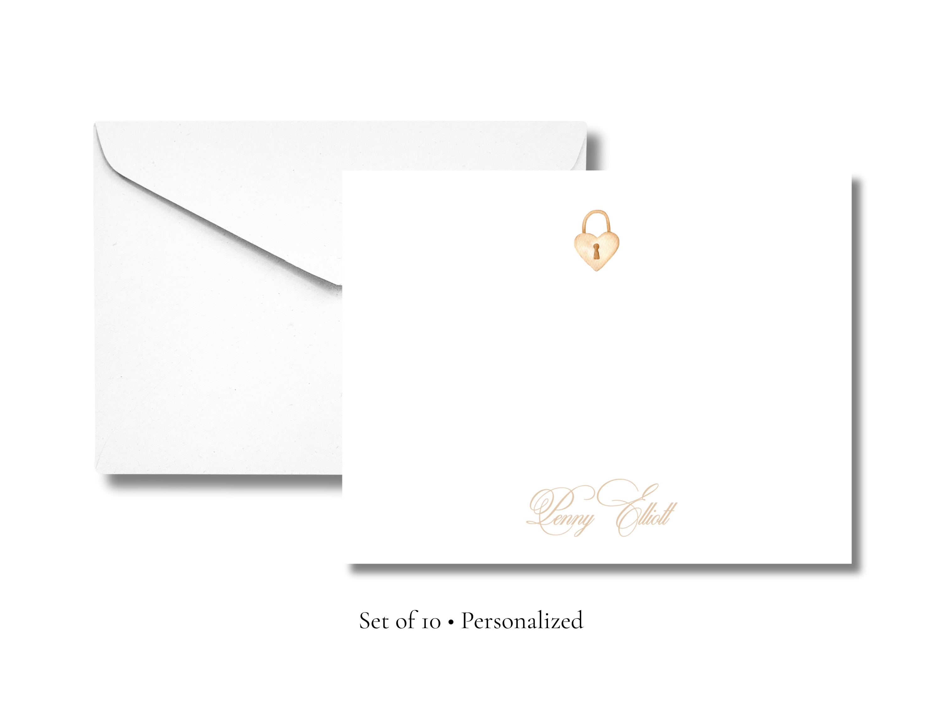 Personalized Heart Lock Stationery | Elegant A2 Notecards with Envelopes | Custom Name Flat Note Cards | Romantic Stationery Set of 10
