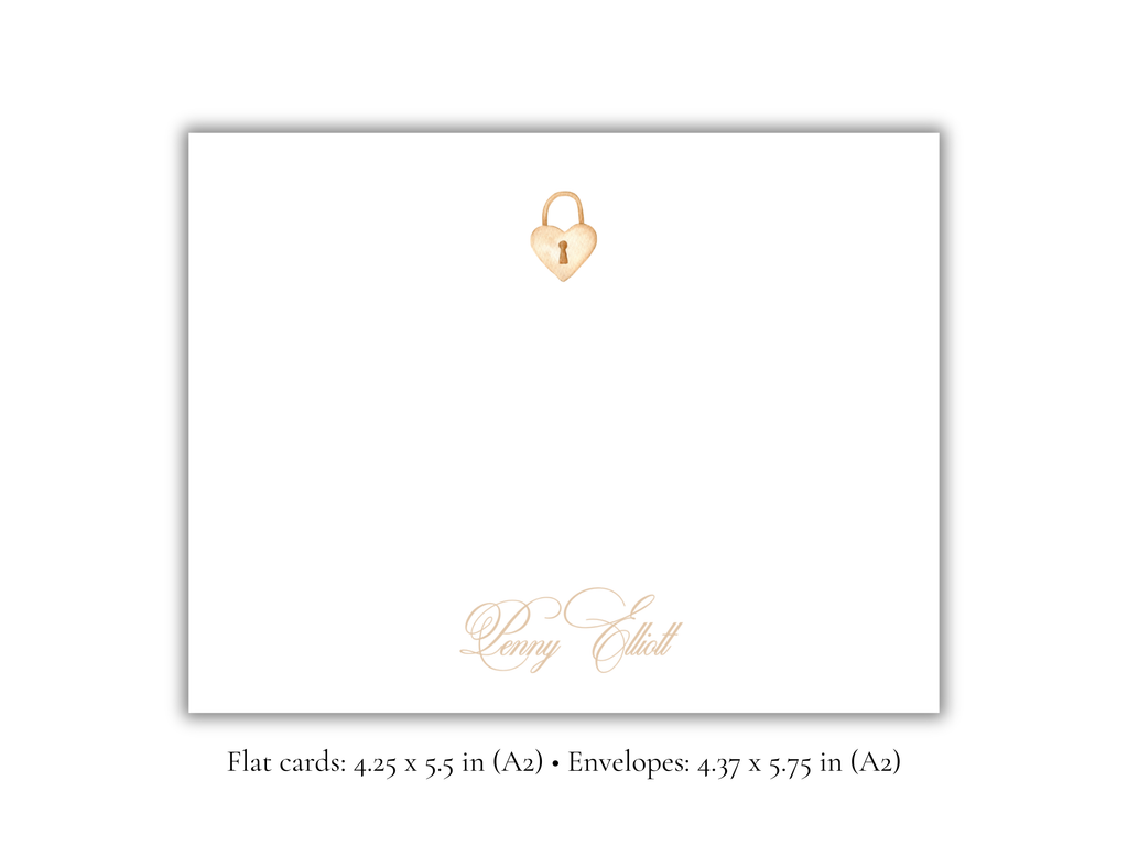 Personalized Heart Lock Stationery | Elegant A2 Notecards with Envelopes | Custom Name Flat Note Cards | Romantic Stationery Set of 10