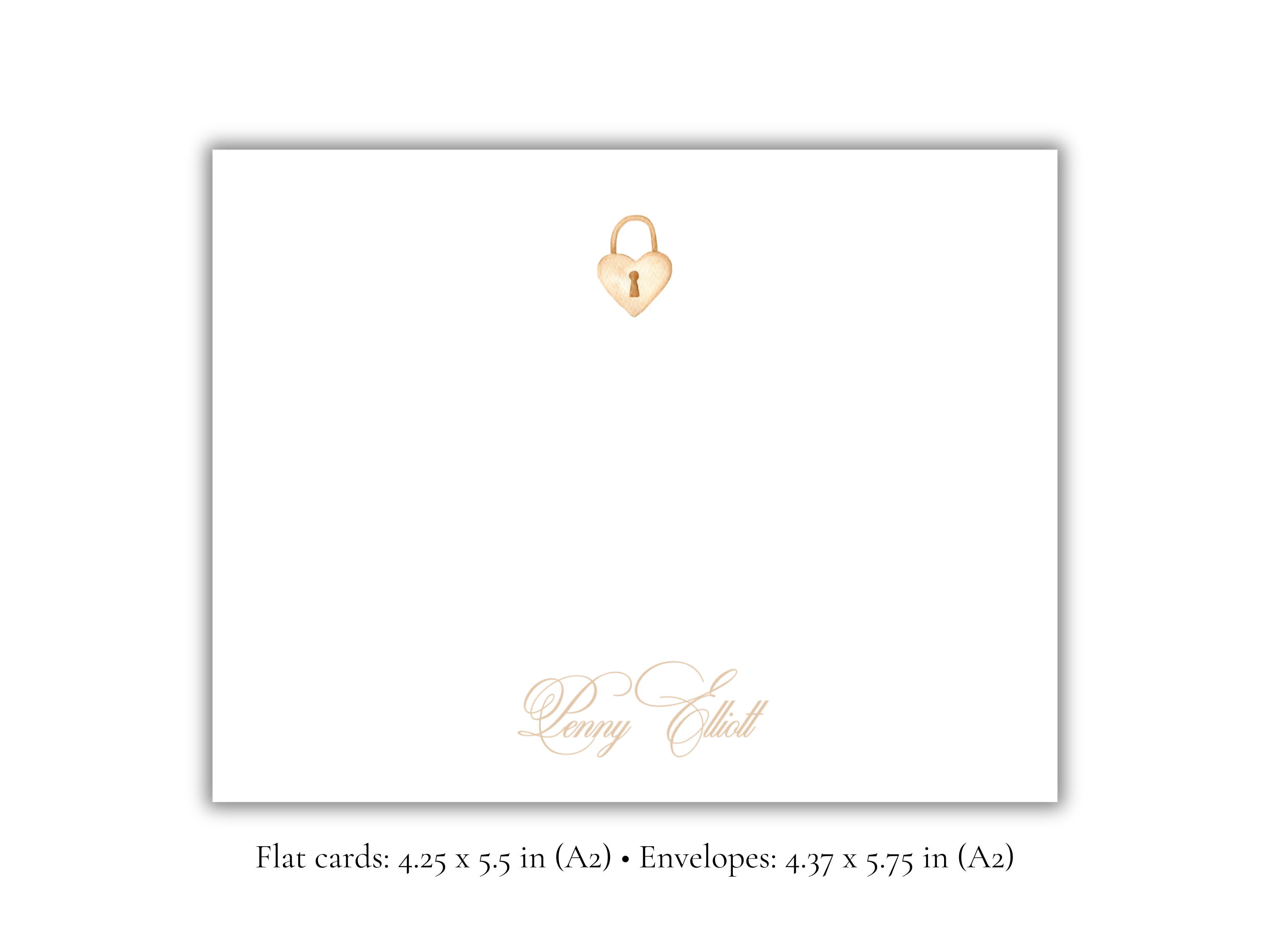 Personalized Heart Lock Stationery | Elegant A2 Notecards with Envelopes | Custom Name Flat Note Cards | Romantic Stationery Set of 10