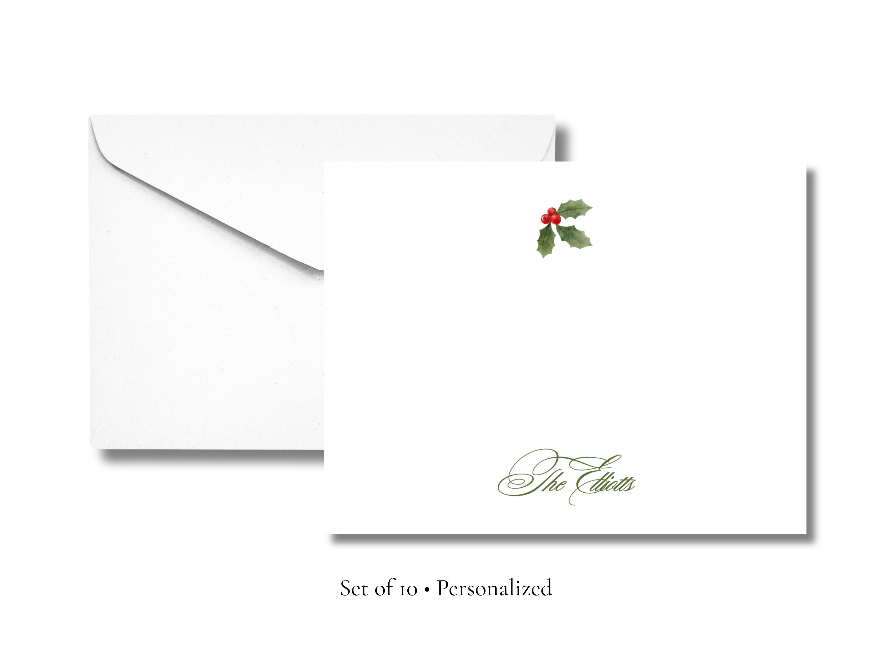 Personalized Holly Berry Christmas Stationery | Elegant Holiday A2 Notecards with Envelopes | Custom Family Name Cards | Set of 10