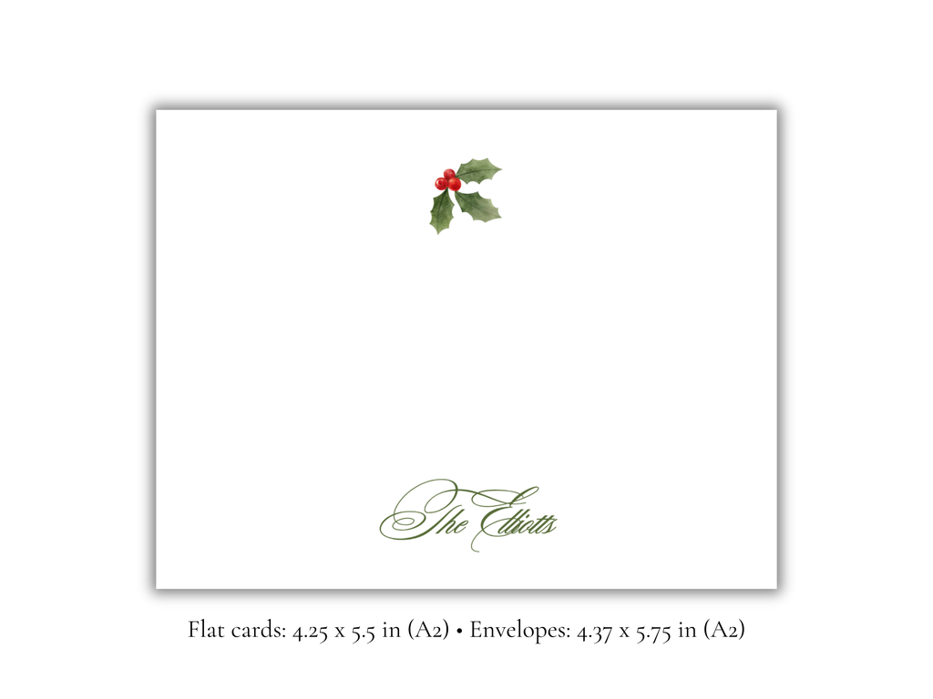 Personalized Holly Berry Christmas Stationery | Elegant Holiday A2 Notecards with Envelopes | Custom Family Name Cards | Set of 10