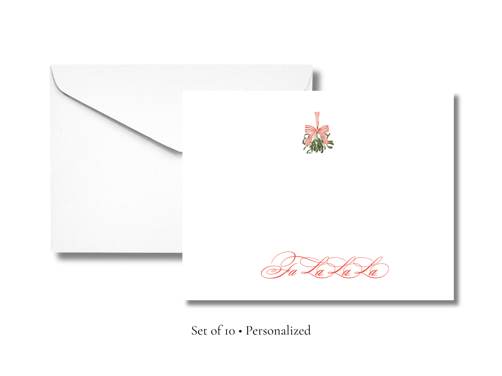 Personalized Fa La La Christmas Stationery | Elegant Holiday A2 Notecards with Envelopes | Red Script Christmas Cards with Mistletoe