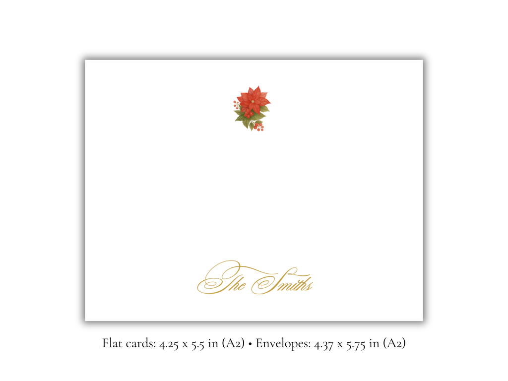 Personalized Poinsettia Christmas Stationery | Hand-Painted Holiday A2 Notecards with Envelopes | Red Floral Christmas Cards with Gold