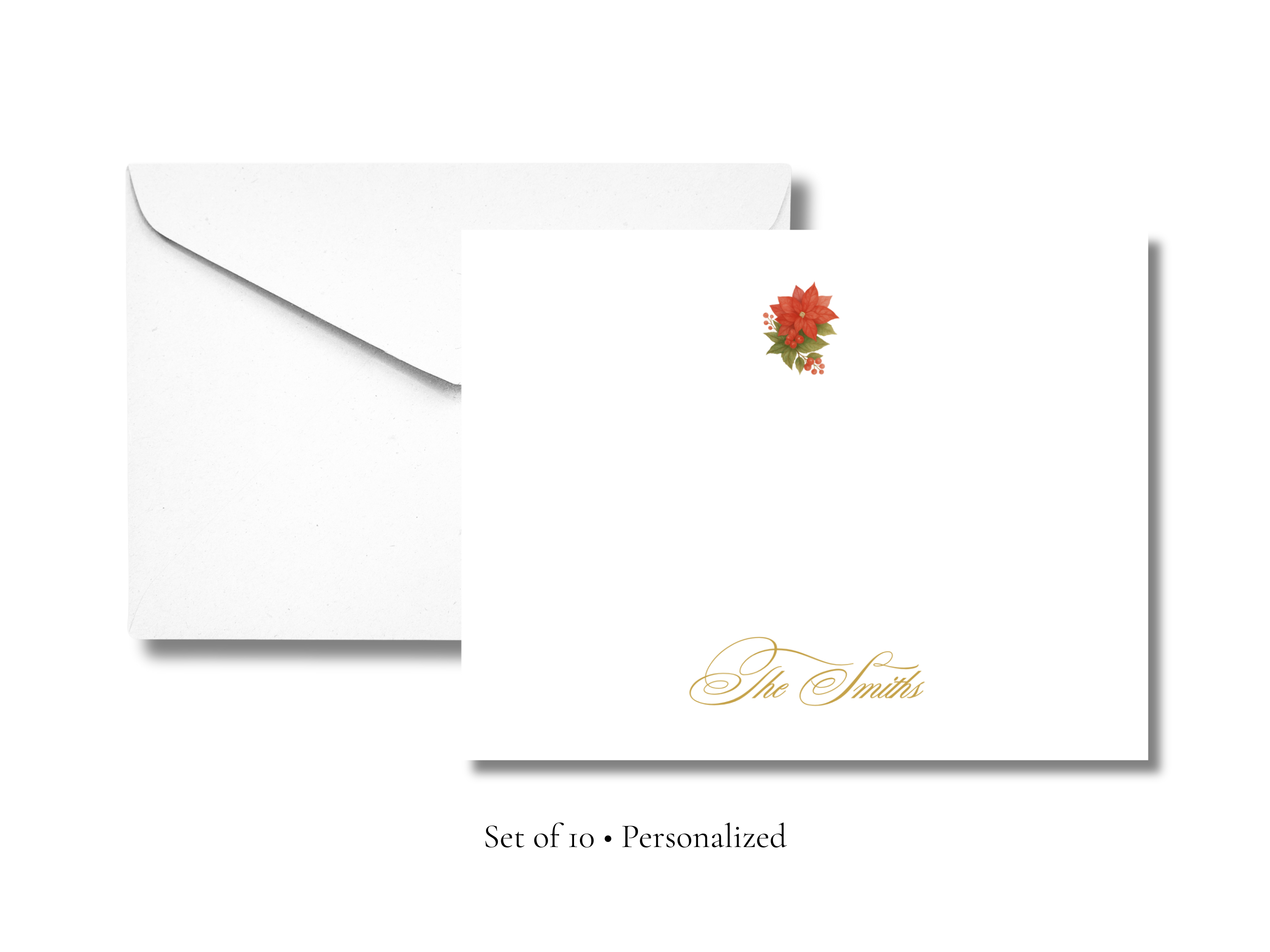 Personalized Poinsettia Christmas Stationery | Hand-Painted Holiday A2 Notecards with Envelopes | Red Floral Christmas Cards with Gold