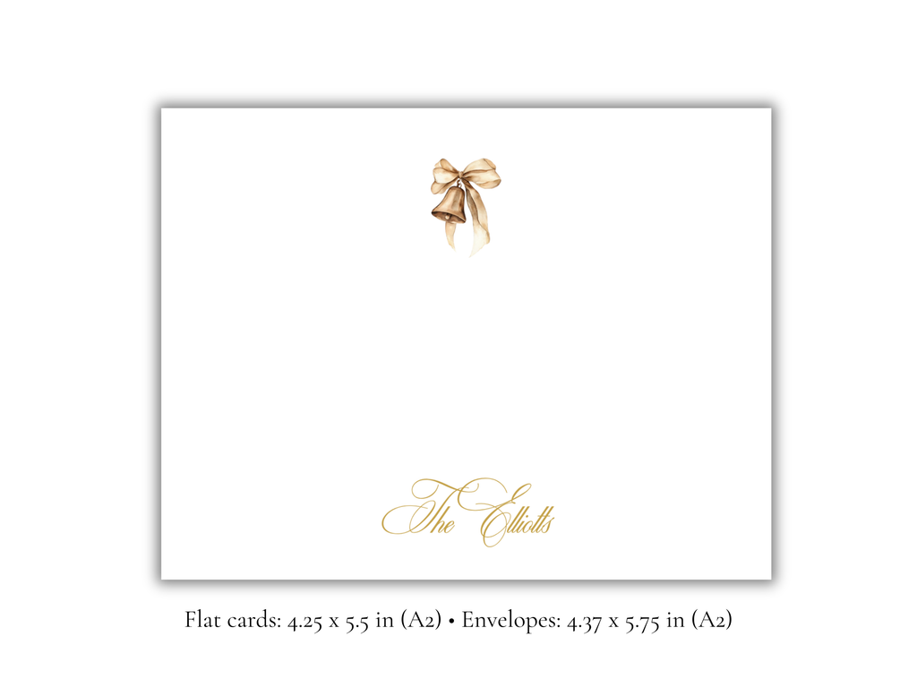 Personalized Christmas Bell Stationery | Elegant Holiday A2 Notecards with Envelopes | Gold Bell Christmas Cards | Set of 10