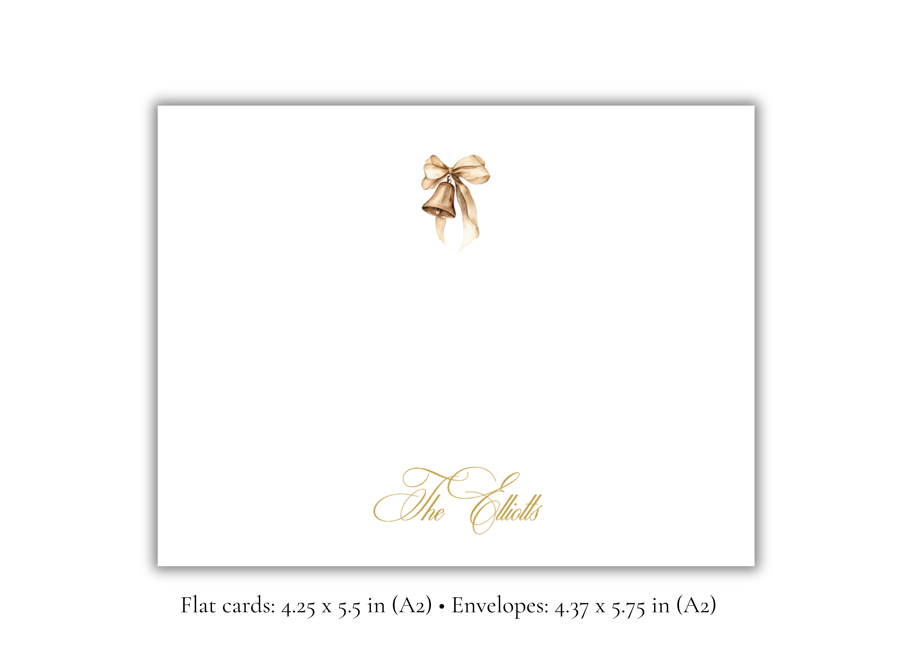 Personalized Christmas Bell Stationery | Elegant Holiday A2 Notecards with Envelopes | Gold Bell Christmas Cards | Set of 10