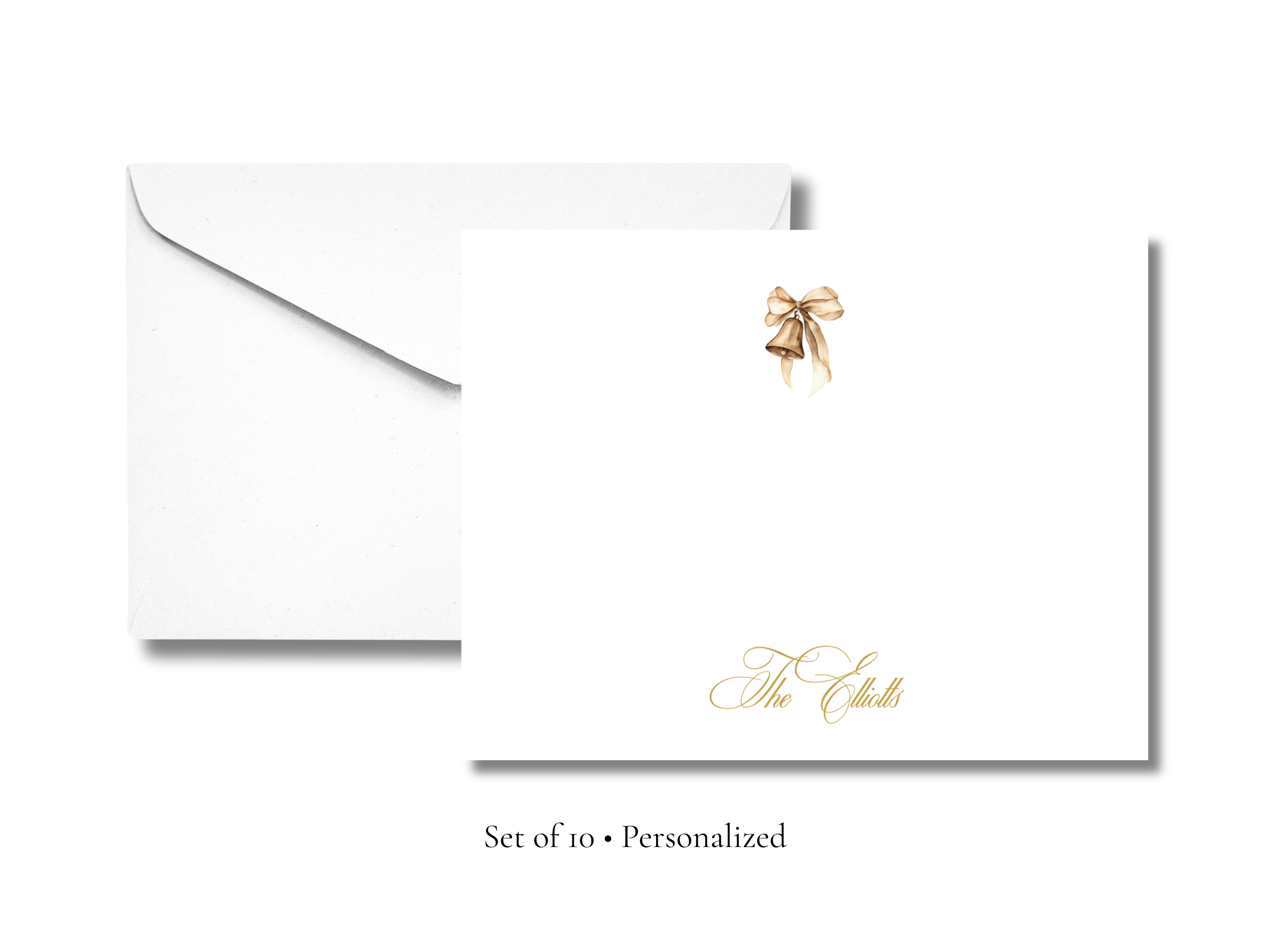 Personalized Christmas Bell Stationery | Elegant Holiday A2 Notecards with Envelopes | Gold Bell Christmas Cards | Set of 10