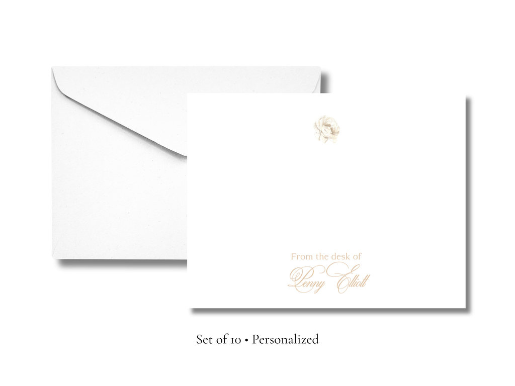 Personalized White Rose Stationery | Elegant Floral A2 Notecards with Envelopes | Custom “From the Desk Of” Note Cards | Stationery Set