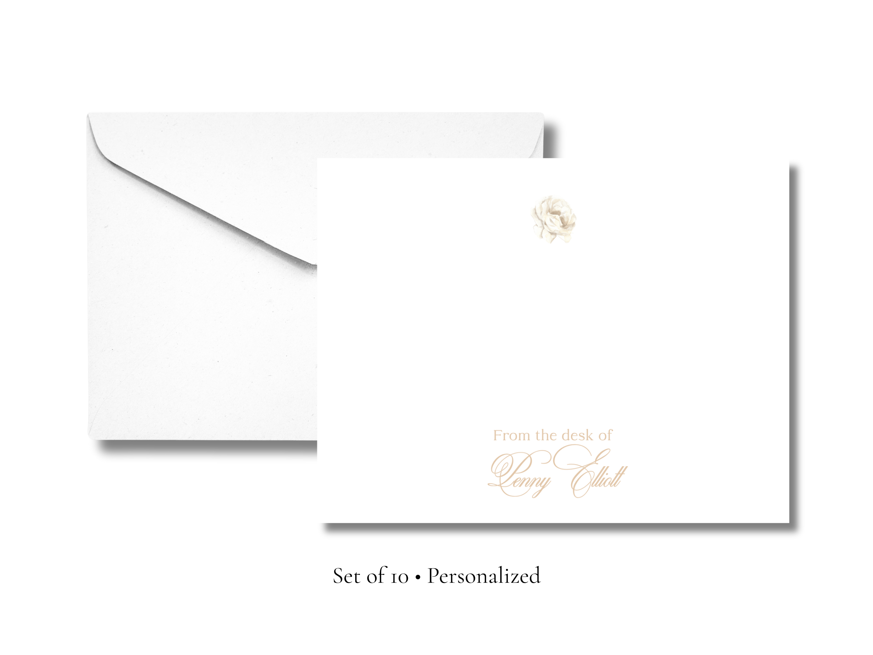 Personalized White Rose Stationery | Elegant Floral A2 Notecards with Envelopes | Custom “From the Desk Of” Note Cards | Stationery Set