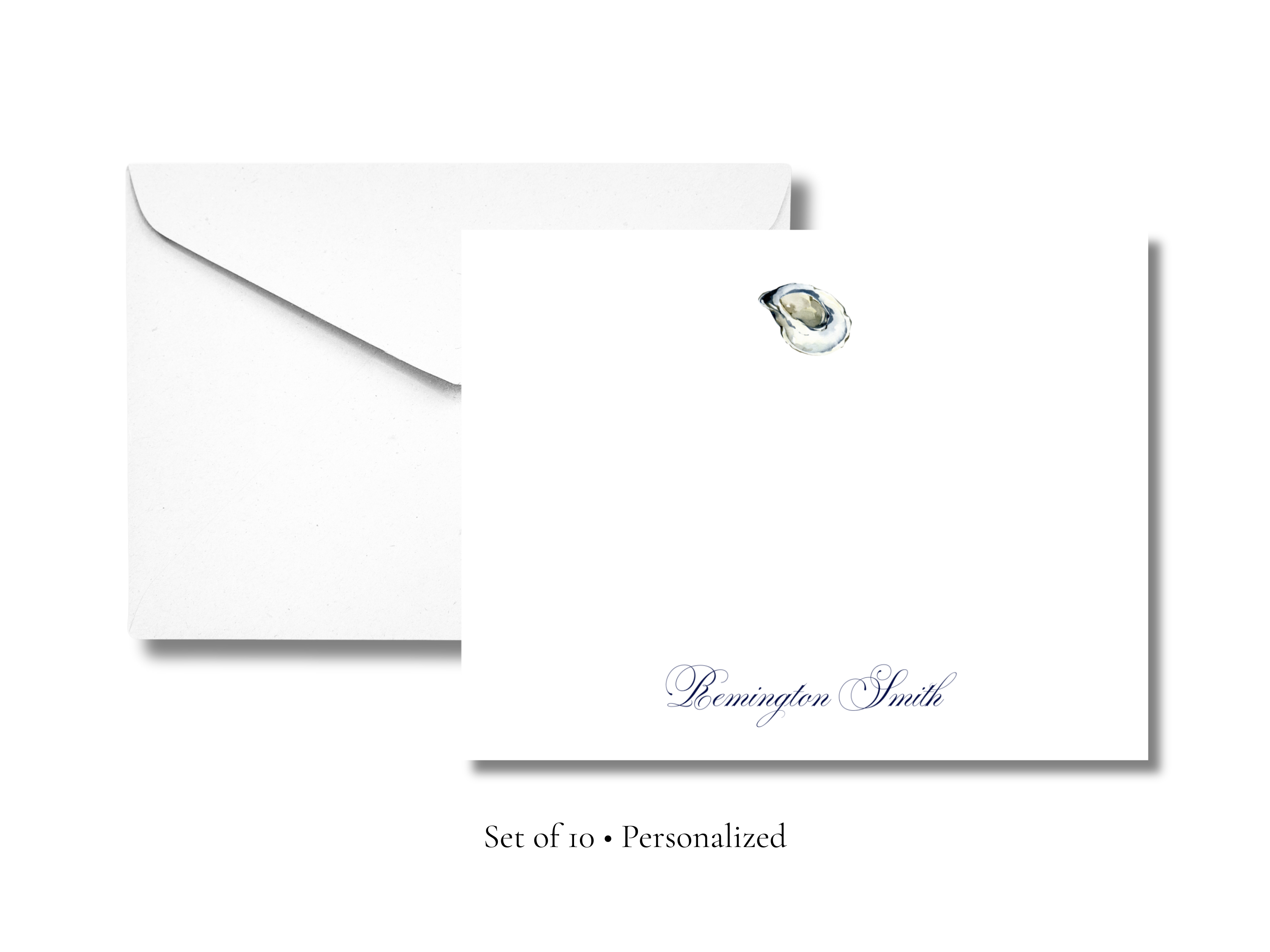 Personalized Oyster Stationery | Coastal A2 Notecards with Envelopes | Custom Nautical Flat Note Cards | Stationery Set of 10