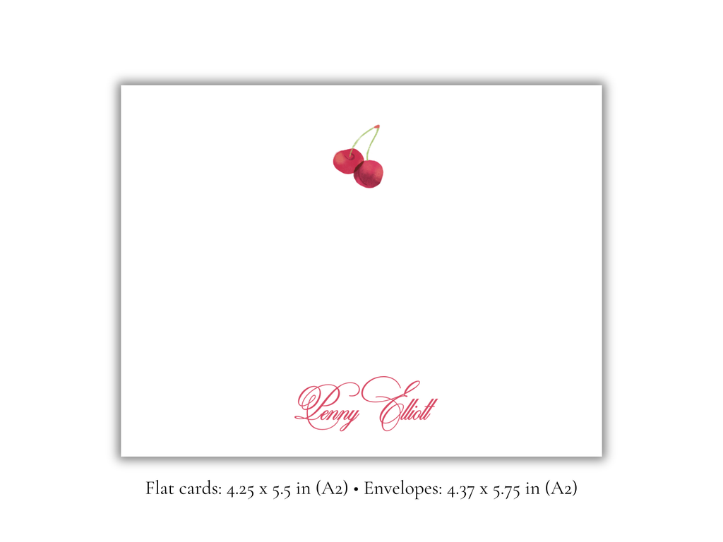 Personalized Cherry Stationery | Cute Fruit A2 Notecards with Envelopes | Custom Name Flat Note Cards | Stationery Gift Set | Set of 10