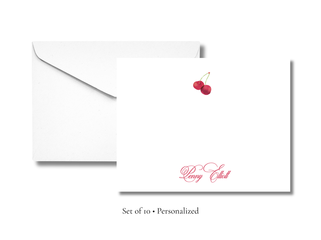 Personalized Cherry Stationery | Cute Fruit A2 Notecards with Envelopes | Custom Name Flat Note Cards | Stationery Gift Set | Set of 10