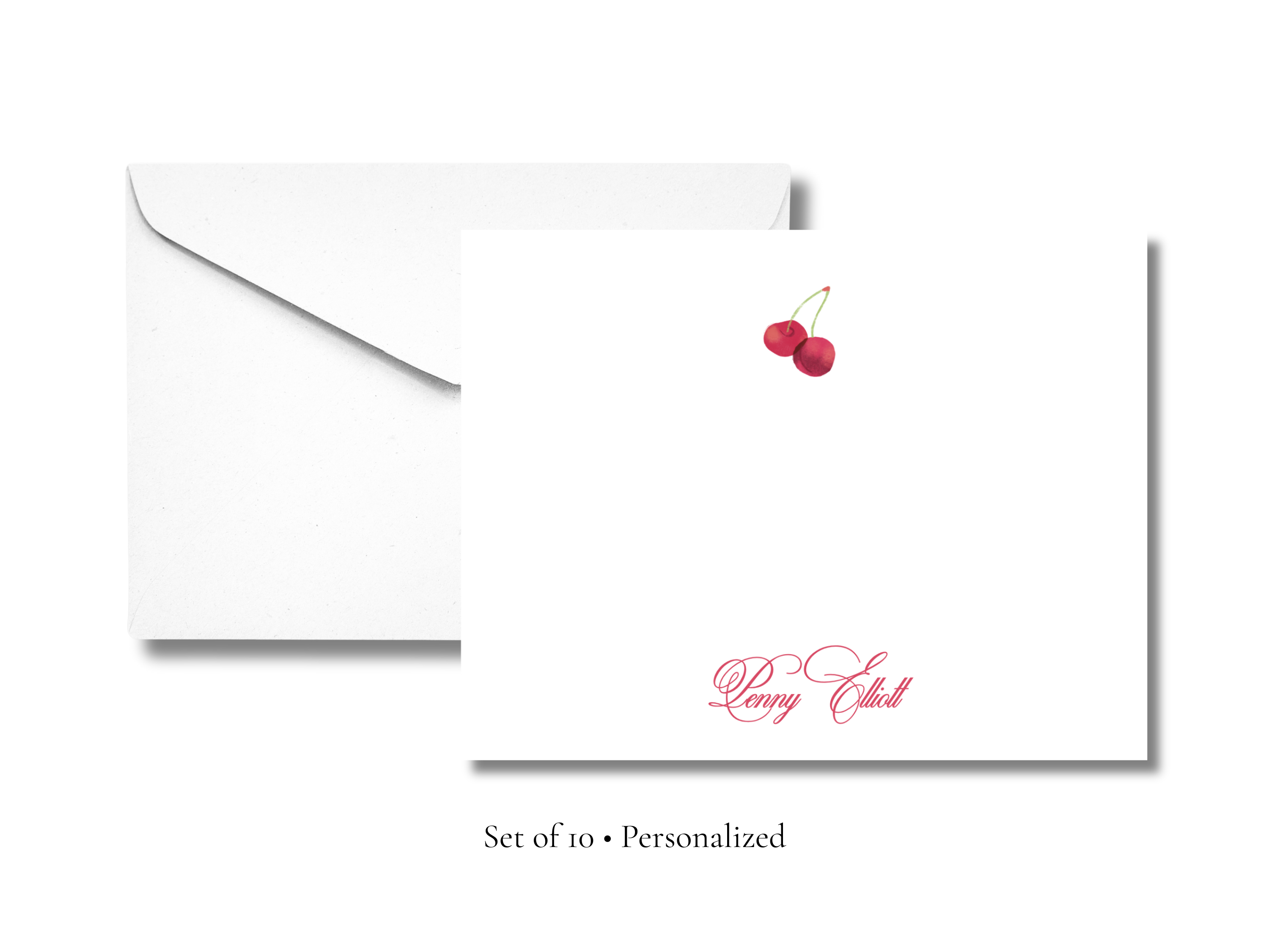 Personalized Cherry Stationery | Cute Fruit A2 Notecards with Envelopes | Custom Name Flat Note Cards | Stationery Gift Set | Set of 10