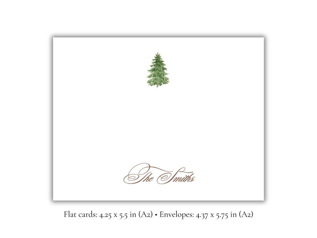 Personalized Christmas Tree Stationery | Elegant Holiday A2 Notecards with Envelopes | Custom Family Name Flat Note Cards | Set of 10