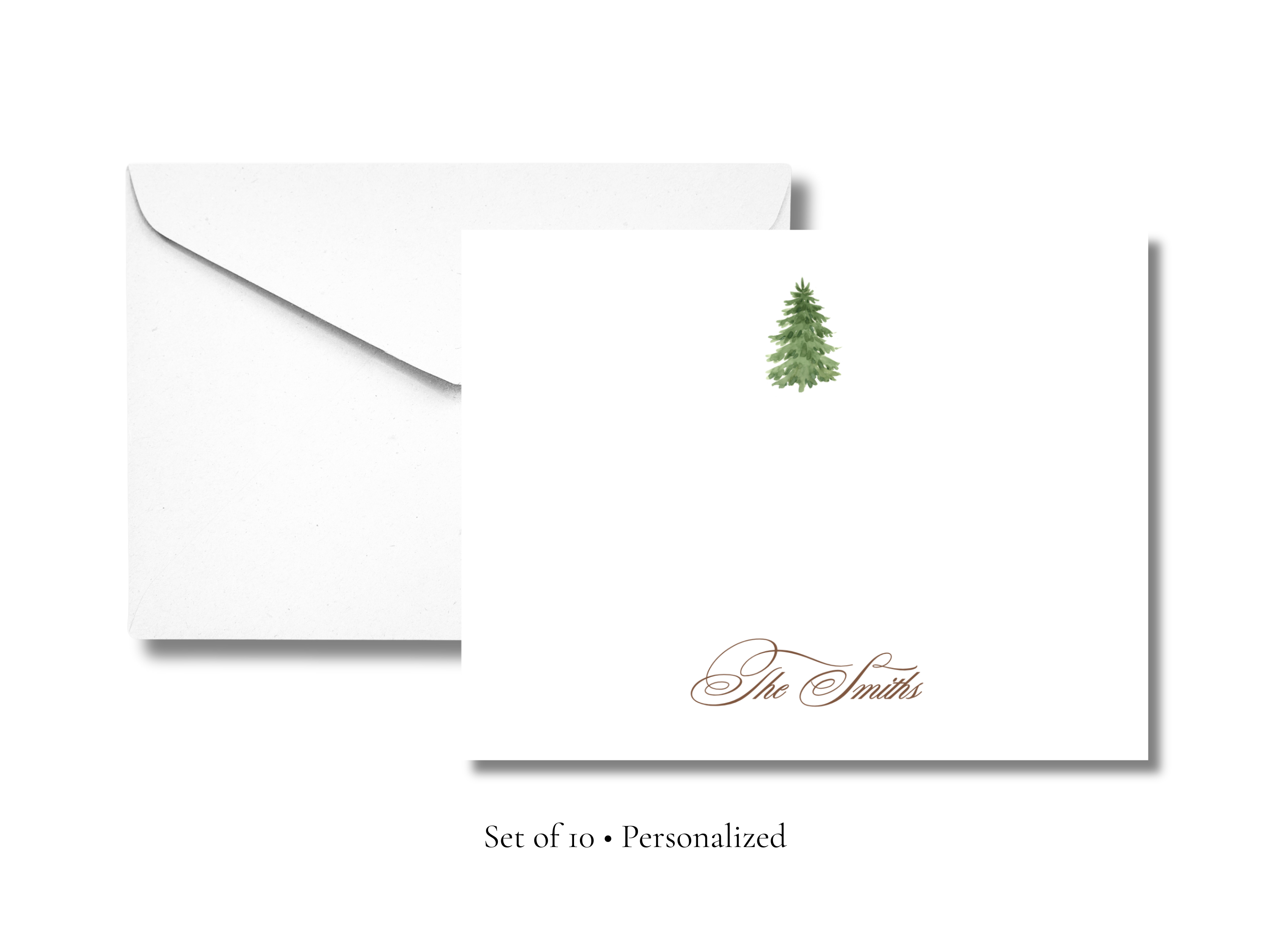 Personalized Christmas Tree Stationery | Elegant Holiday A2 Notecards with Envelopes | Custom Family Name Flat Note Cards | Set of 10