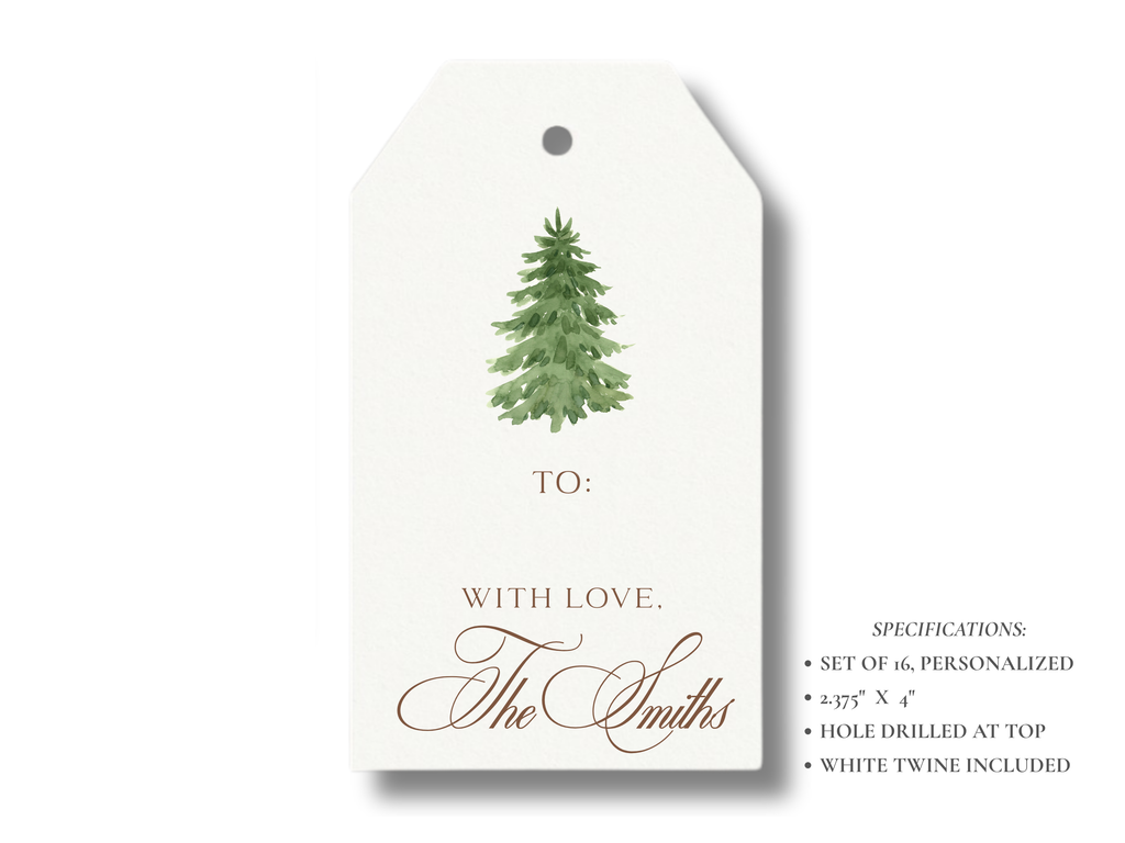 Personalized Christmas Tree Gift Tags | Custom Holiday Gift Tags | Set of 16 | Elegant Green & Brown Tree Tags with Twine