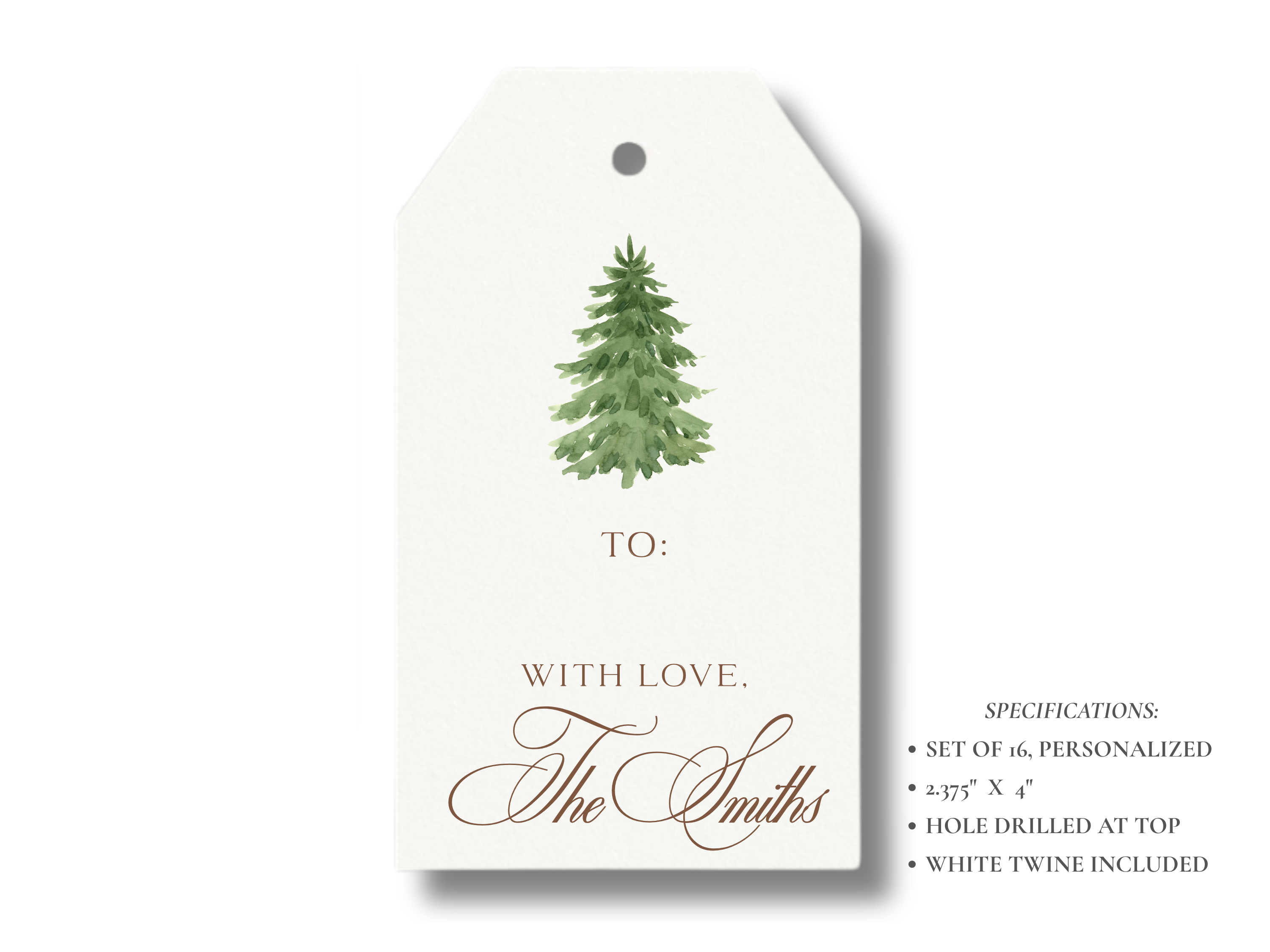 Personalized Christmas Tree Gift Tags | Custom Holiday Gift Tags | Set of 16 | Elegant Green & Brown Tree Tags with Twine