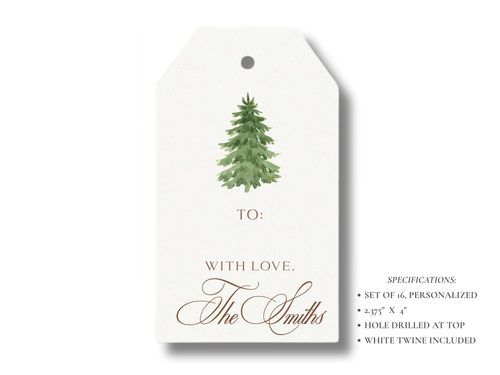 Personalized Christmas Tree Gift Tags | Custom Holiday Gift Tags | Set of 16 | Elegant Green & Brown Tree Tags with Twine