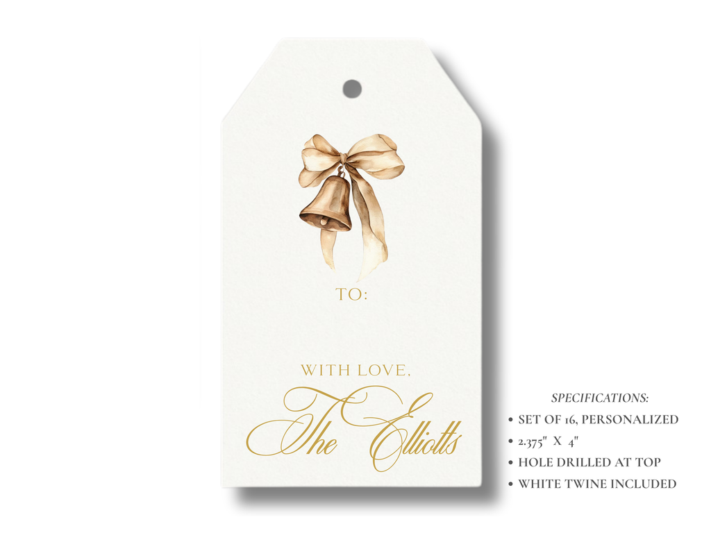 Personalized Christmas Bell Gift Tags | Elegant Holiday Gift Tags | Set of 16 | Gold Christmas Bell Tags with Twine