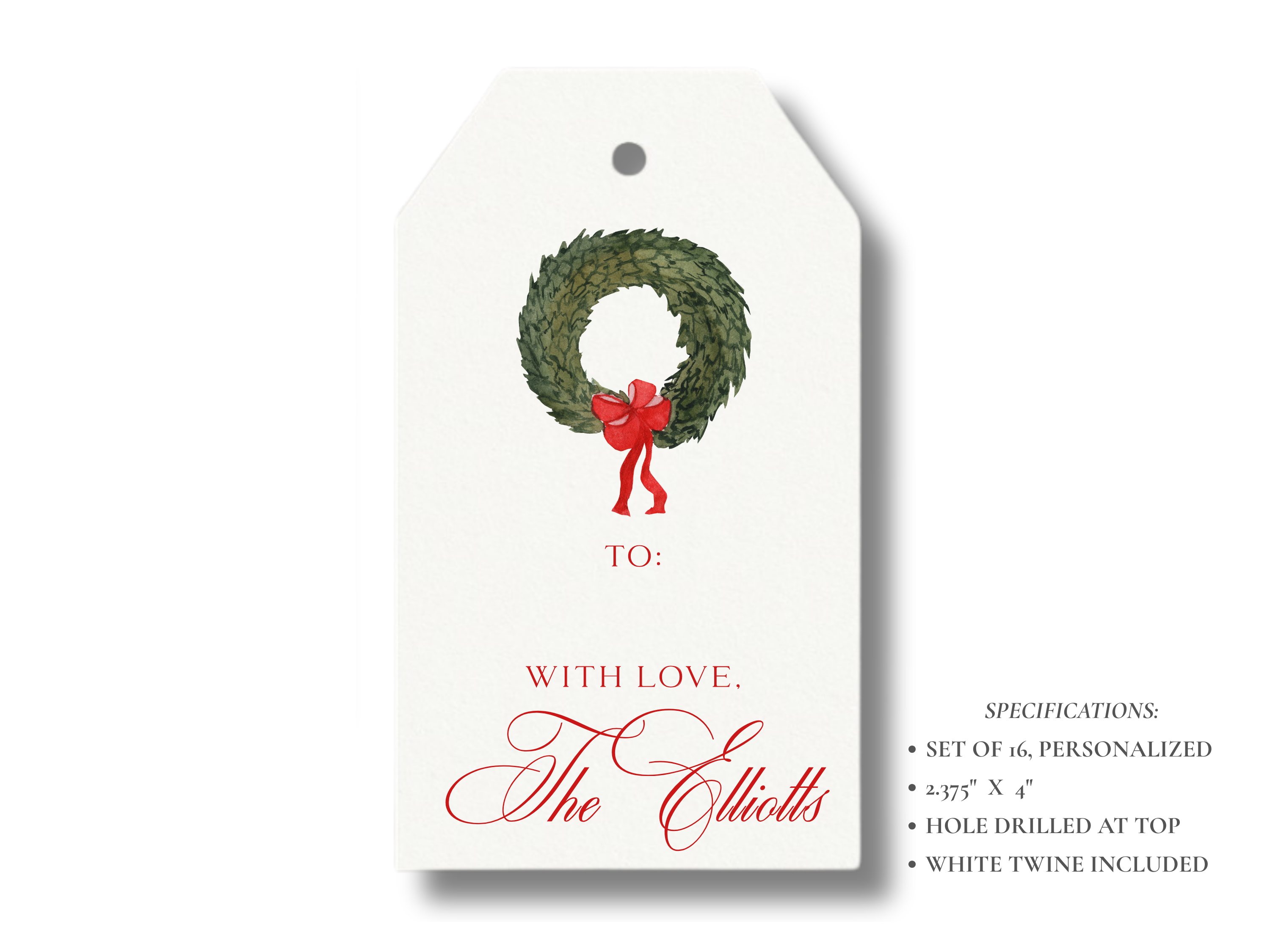 Personalized Christmas Wreath Gift Tags | Custom Holiday Gift Tags, Set of 16 | Elegant Red & Green Christmas Tags with Twine
