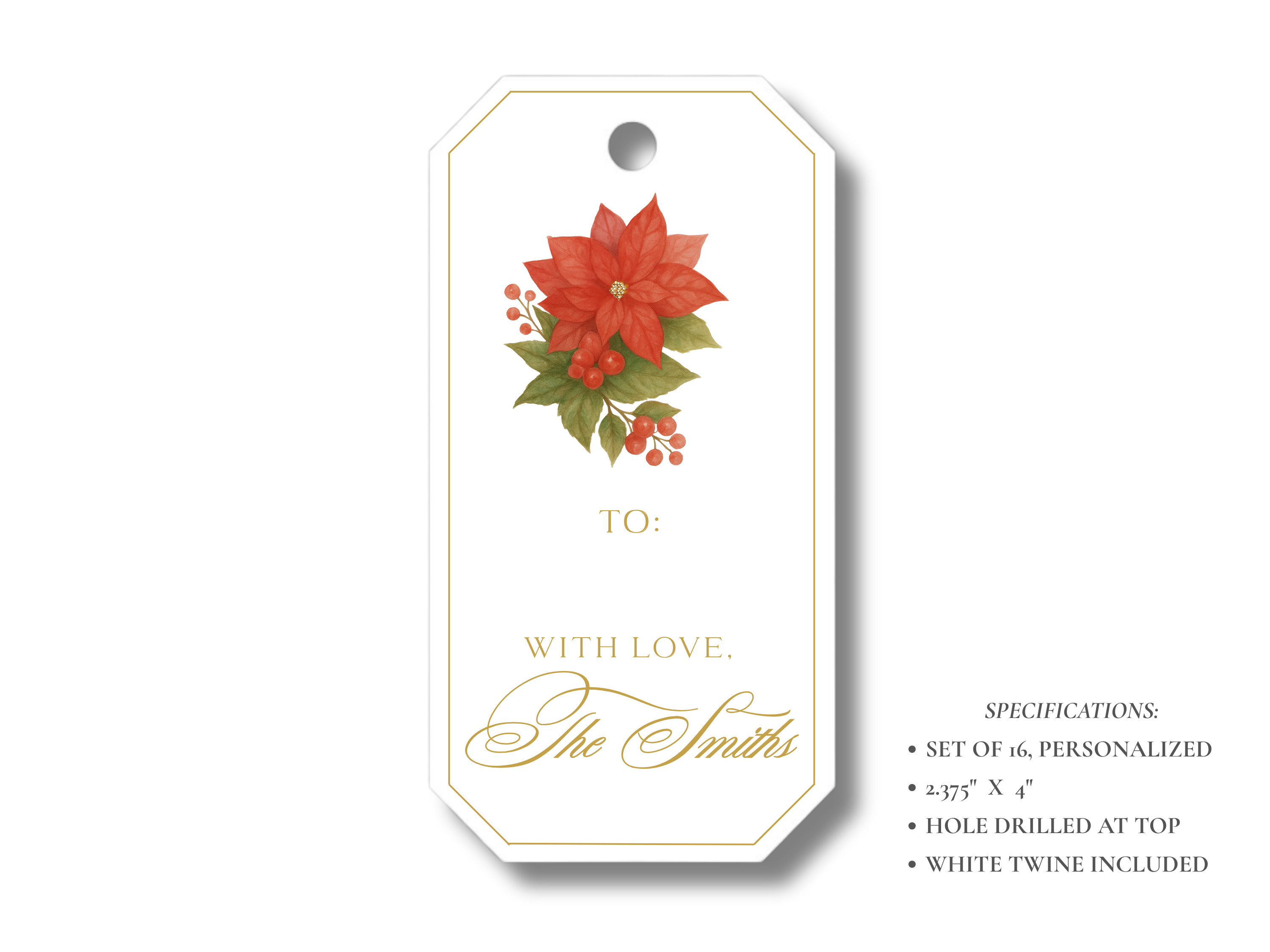 Personalized Poinsettia Christmas Gift Tags | Elegant Holiday Gift Tags | Hand-Painted Red Poinsettia Christmas Tags with Gold Lettering