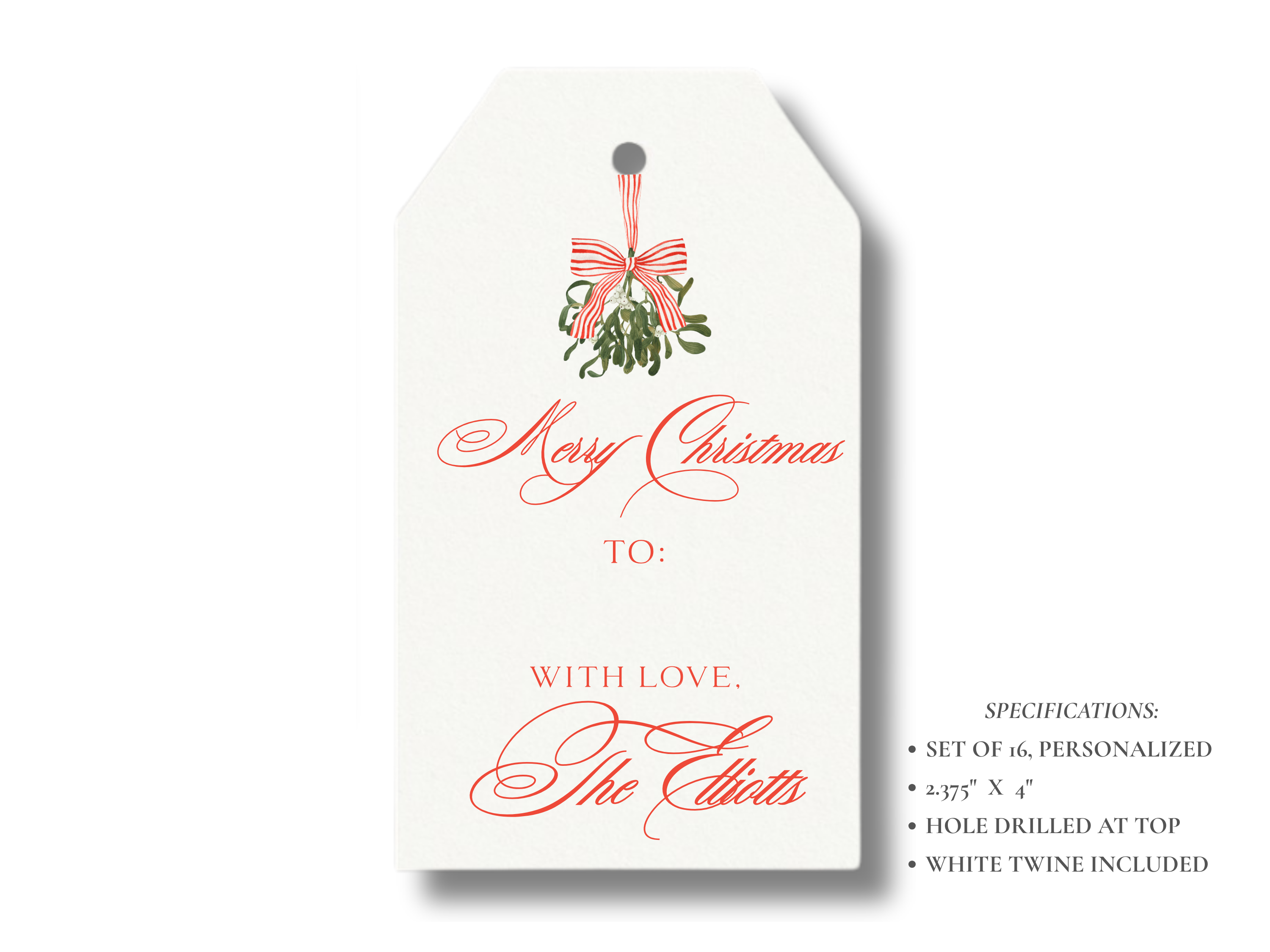 Personalized Merry Christmas Gift Tags | Custom Holiday Gift Tags | Set of 16 | Elegant Red & Green Christmas Mistletoe Tags with Twine