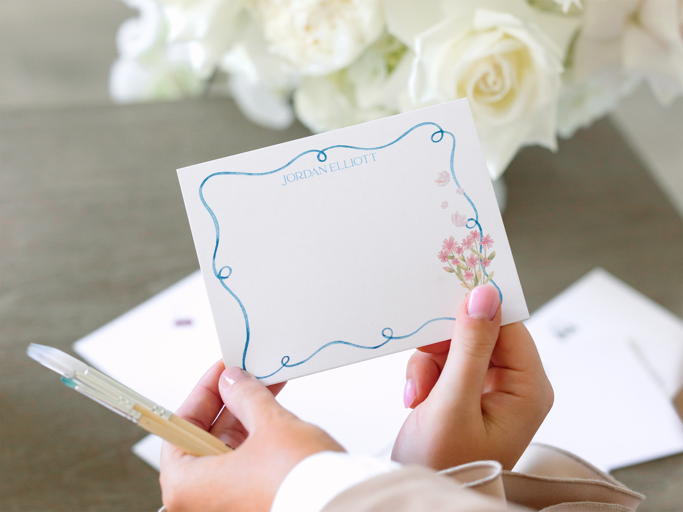 Personalized Stationery | Hand-Painted Watercolor Floral Border | Custom Name Notecards | Elegant Stationery Set | Set of 10